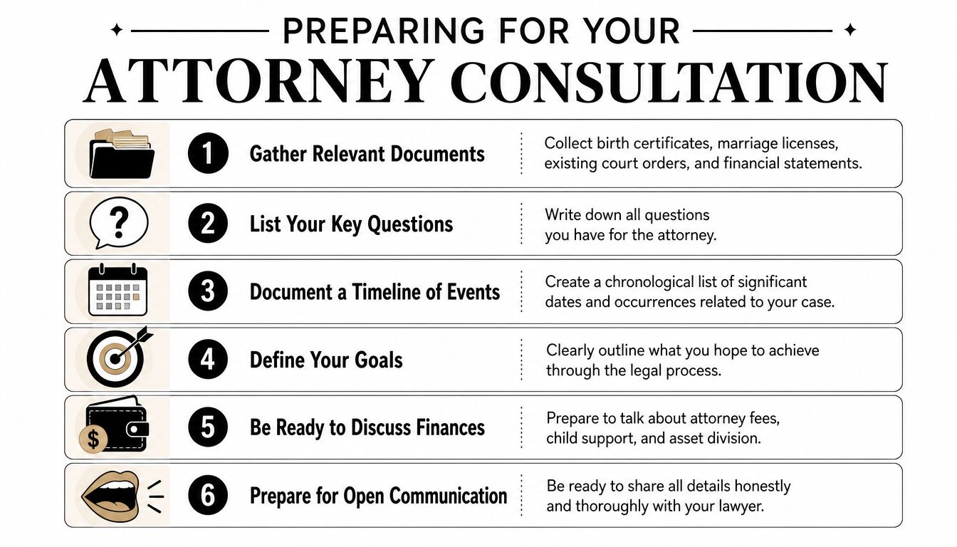 A checklist infographic detailing six essential steps for clients to prepare for an attorney consultation.