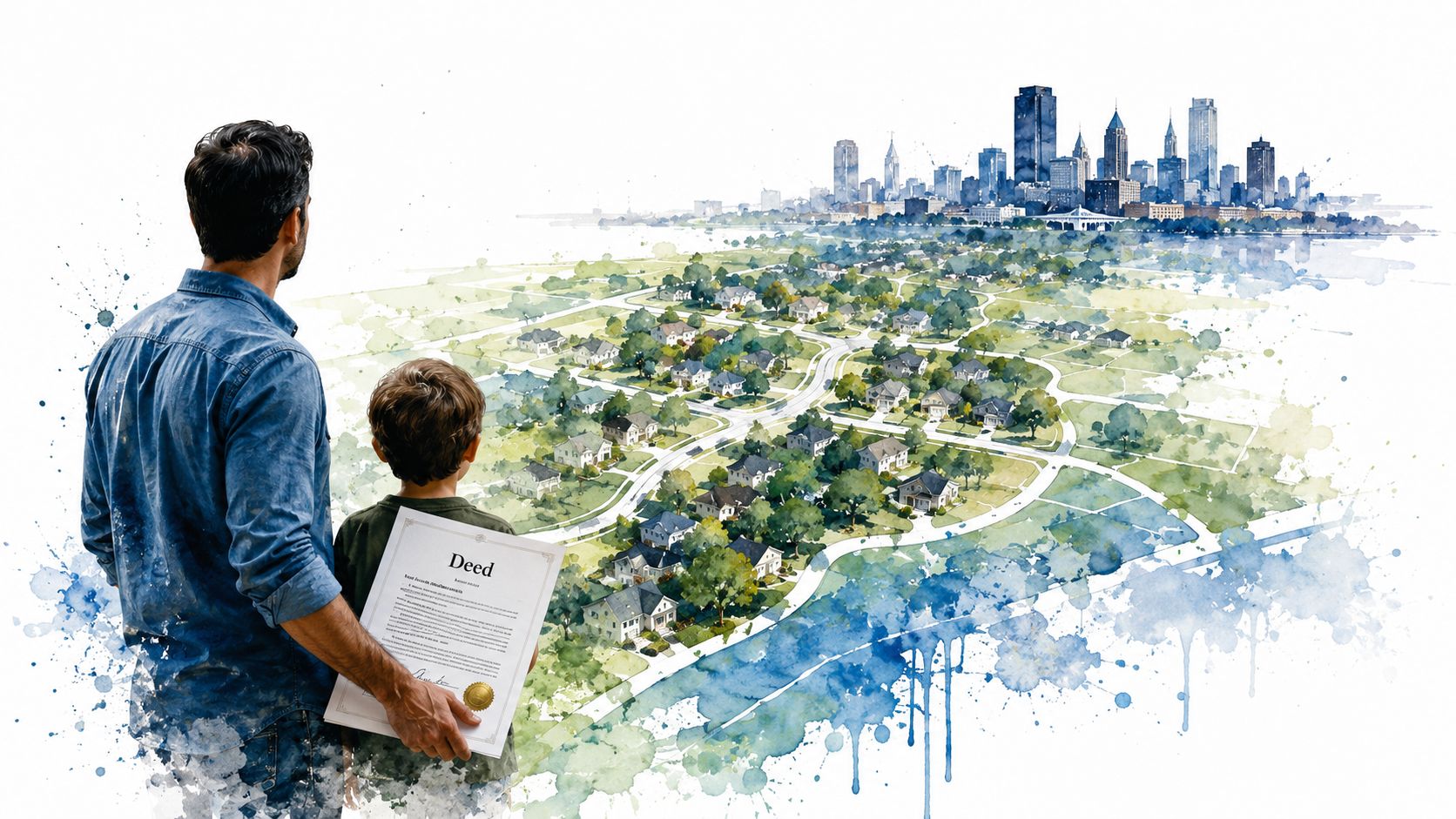 A father and son holding a property deed, looking out over a watercolor suburban landscape and city.