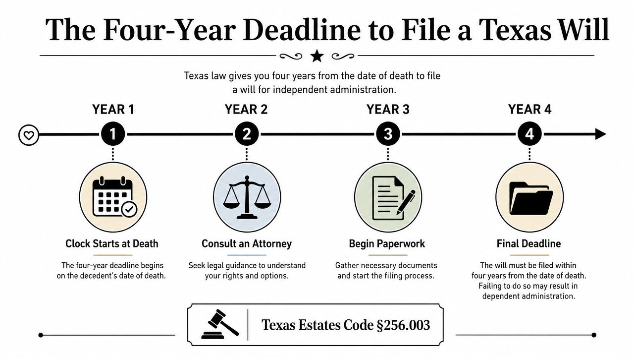 A timeline graphic explaining the four-year deadline to file a will for probate in Texas.