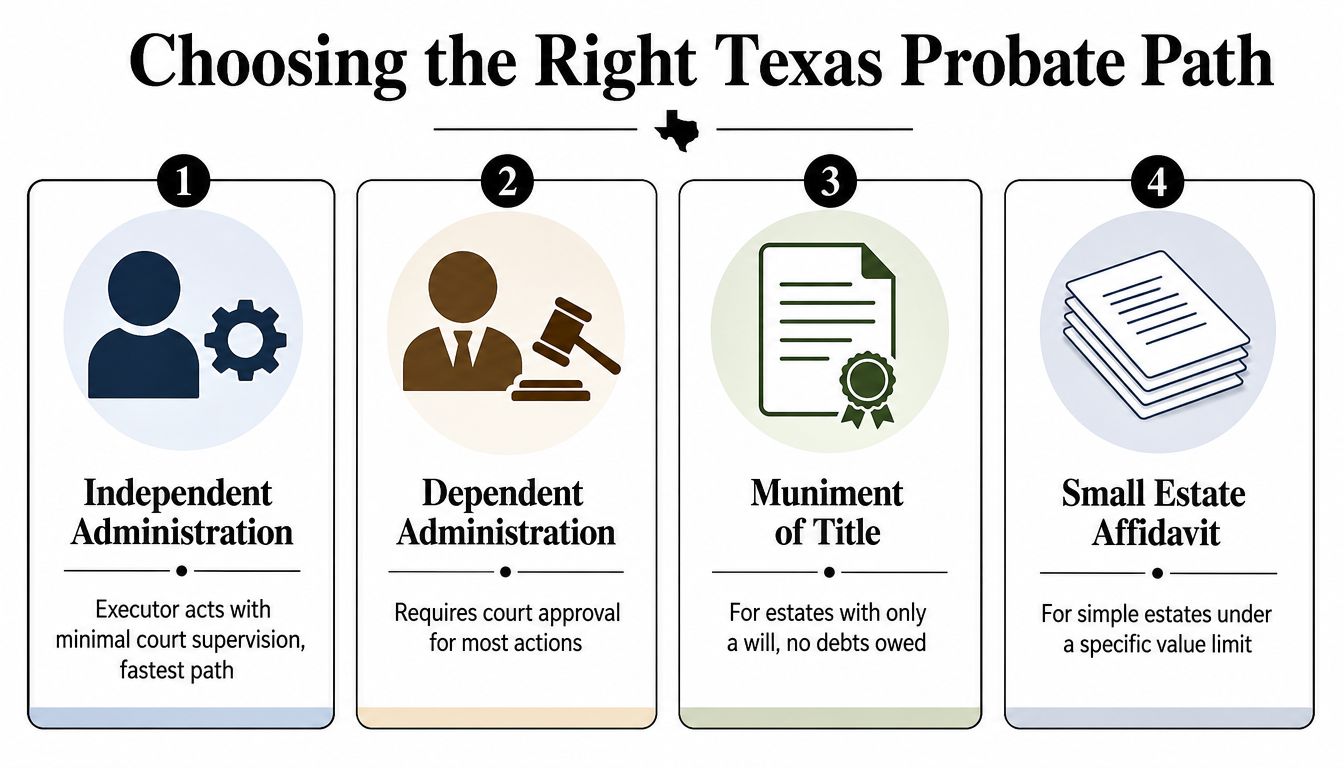 A four-step infographic illustrating the different legal paths for probate administration in the state of Texas.