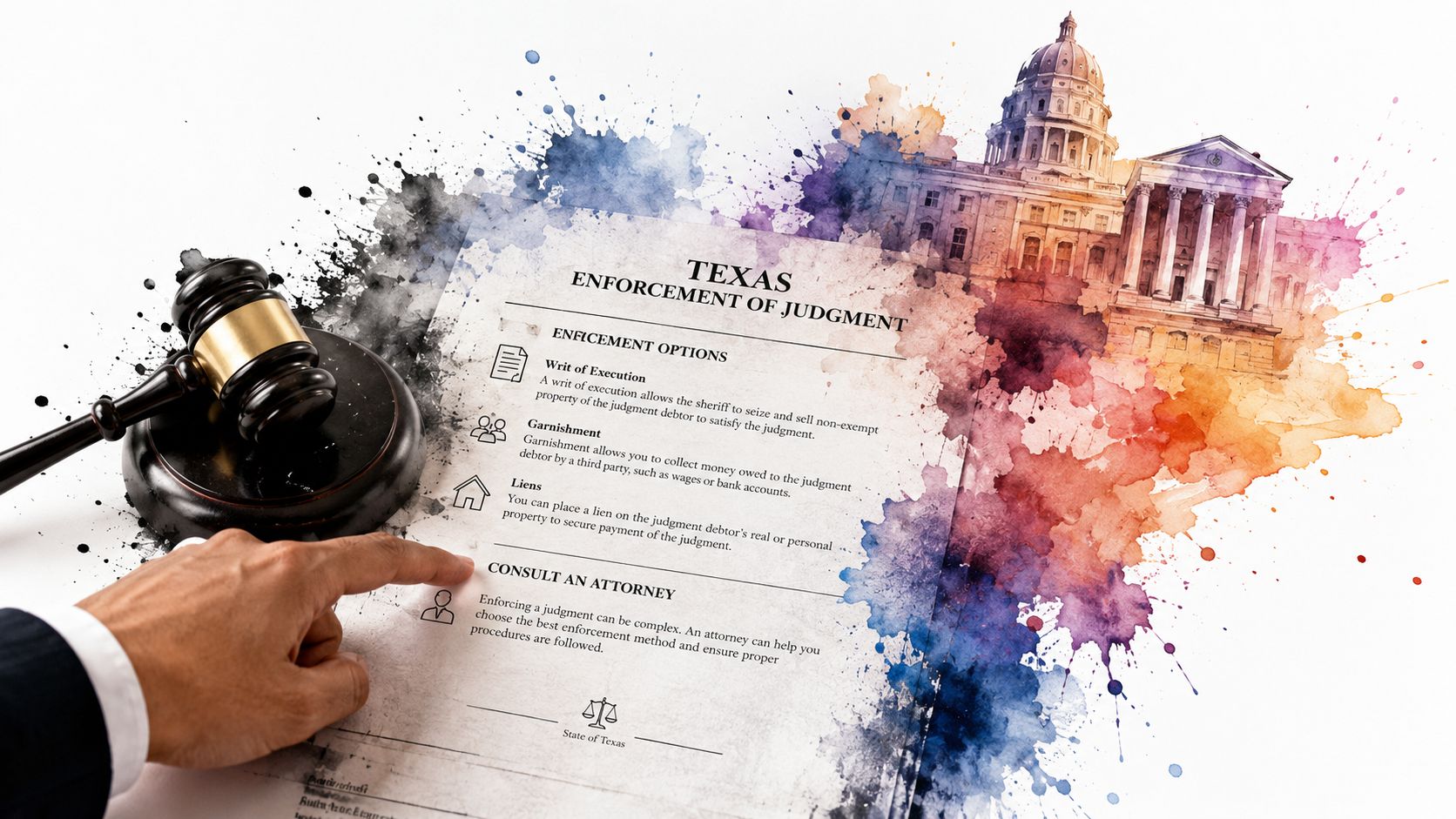 A gavel and legal document outlining the process for the enforcement of judgments in Texas.