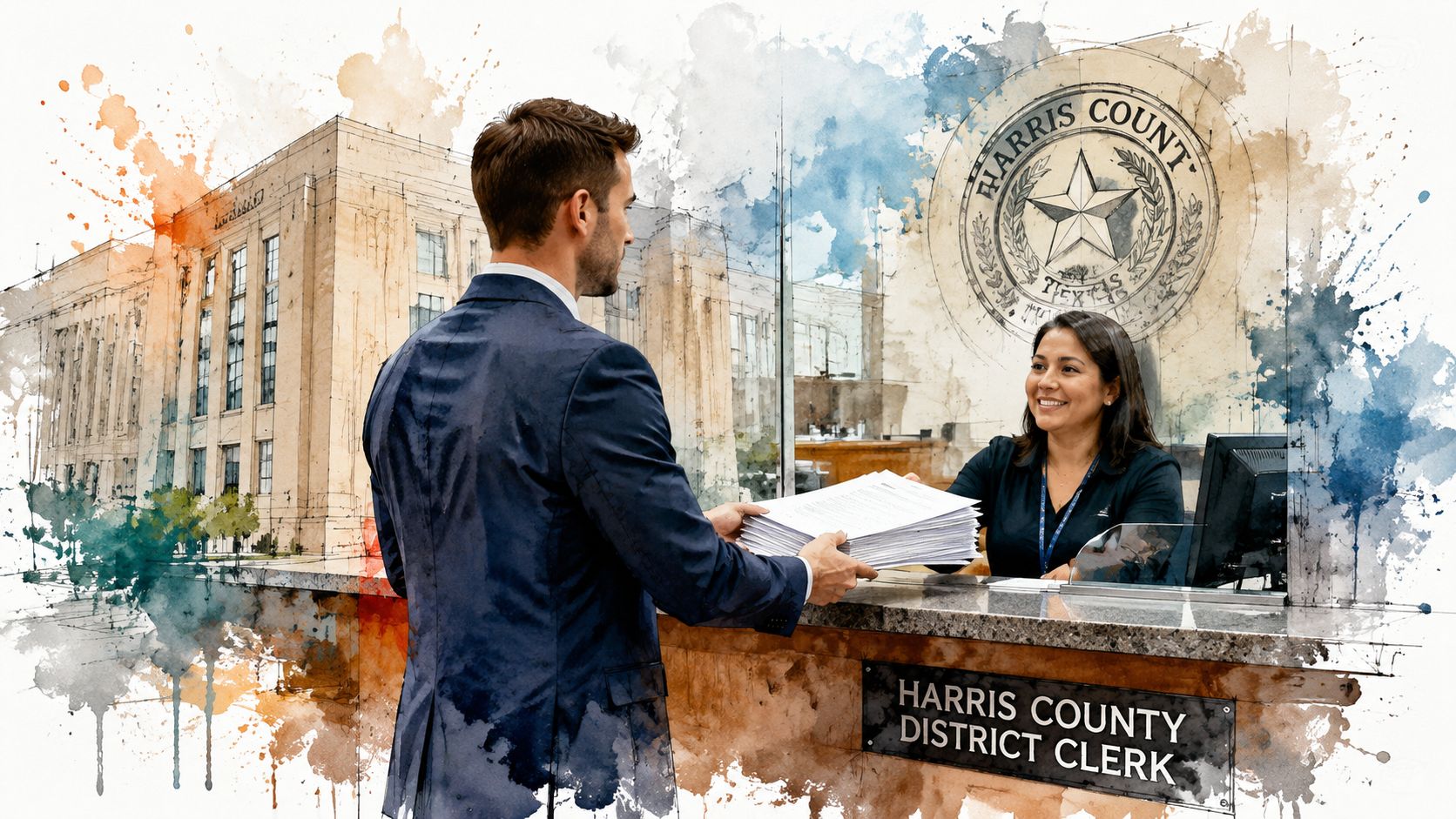 A man handing legal documents to a clerk at the Harris County District Clerk office window.