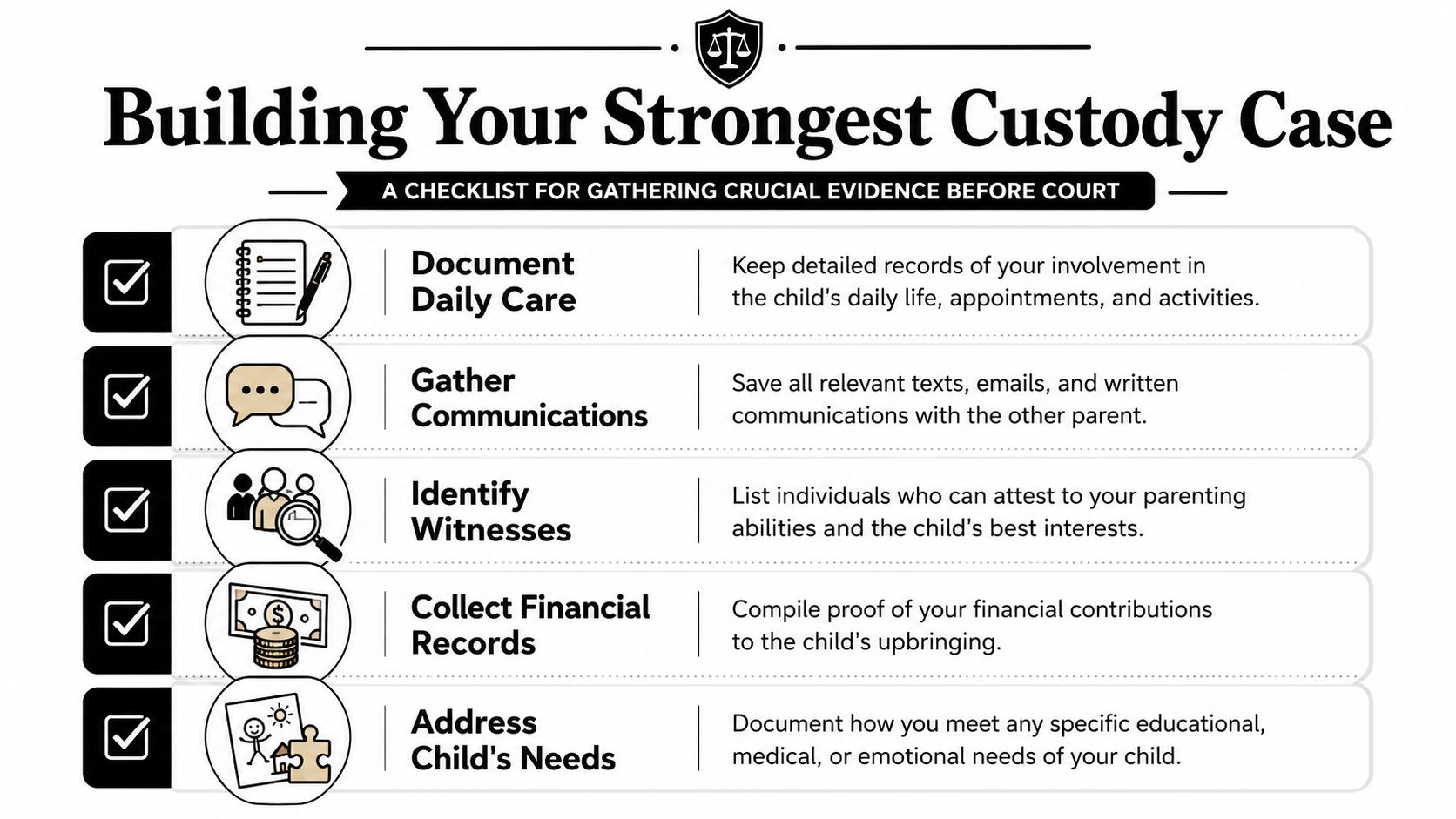 A checklist for parents gathering evidence, records, and documentation to help build a strong child custody case.