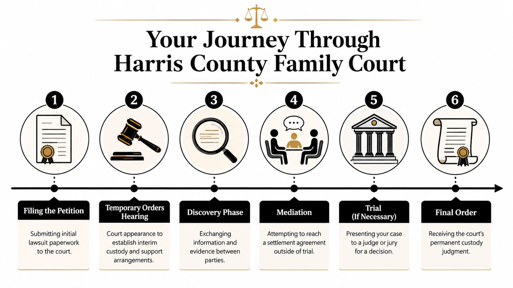 A step-by-step infographic titled Your Journey Through Harris County Family Court illustrating legal procedures from filing to final order.