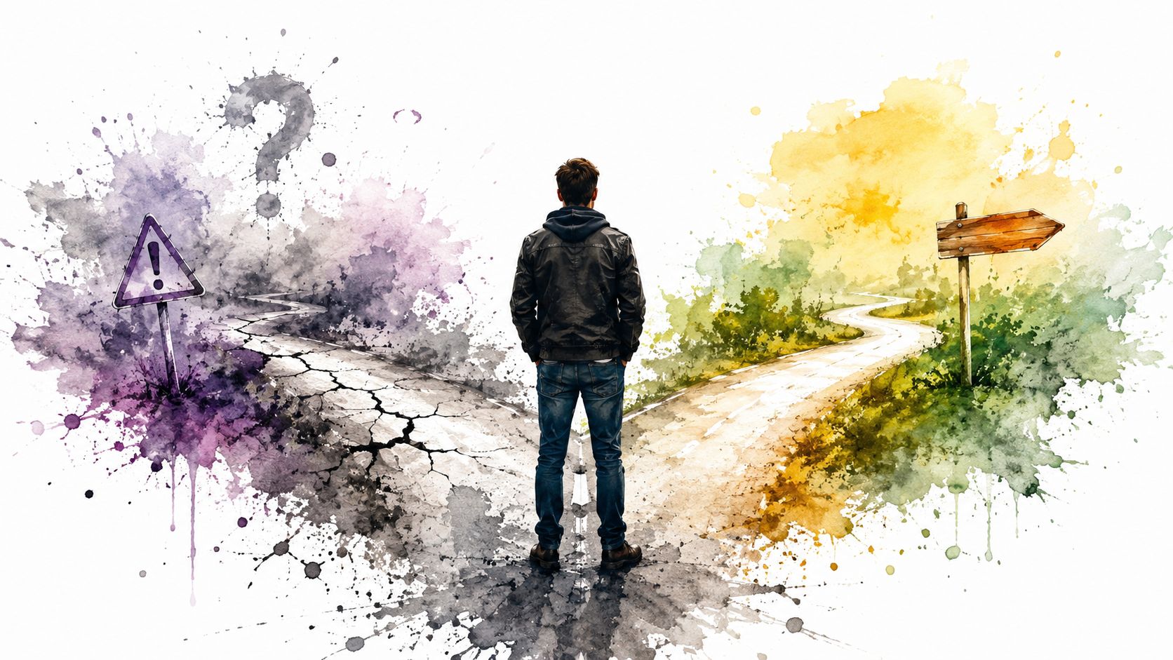 A person standing at a fork in the road contemplating paths between uncertainty and a clear direction.