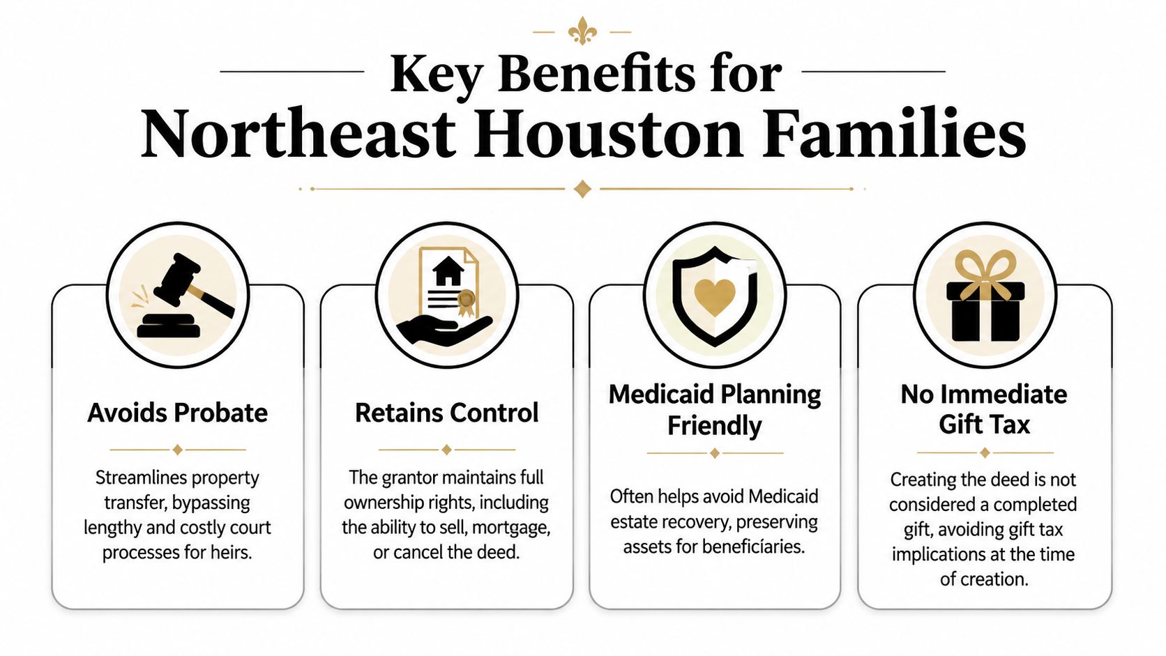 An infographic outlining the key estate planning benefits of a Lady Bird deed for families in Texas.