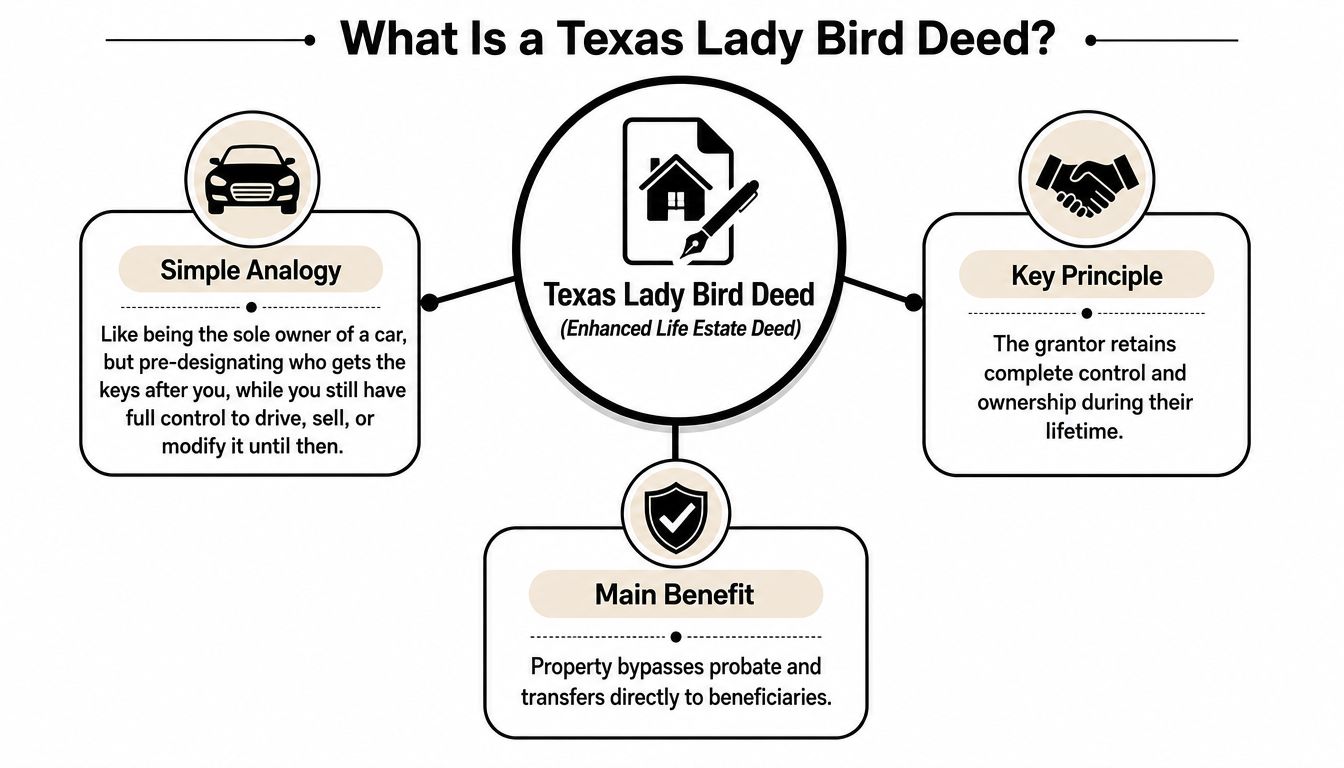 An infographic explaining the Texas Lady Bird Deed as an enhanced life estate deed for property planning.