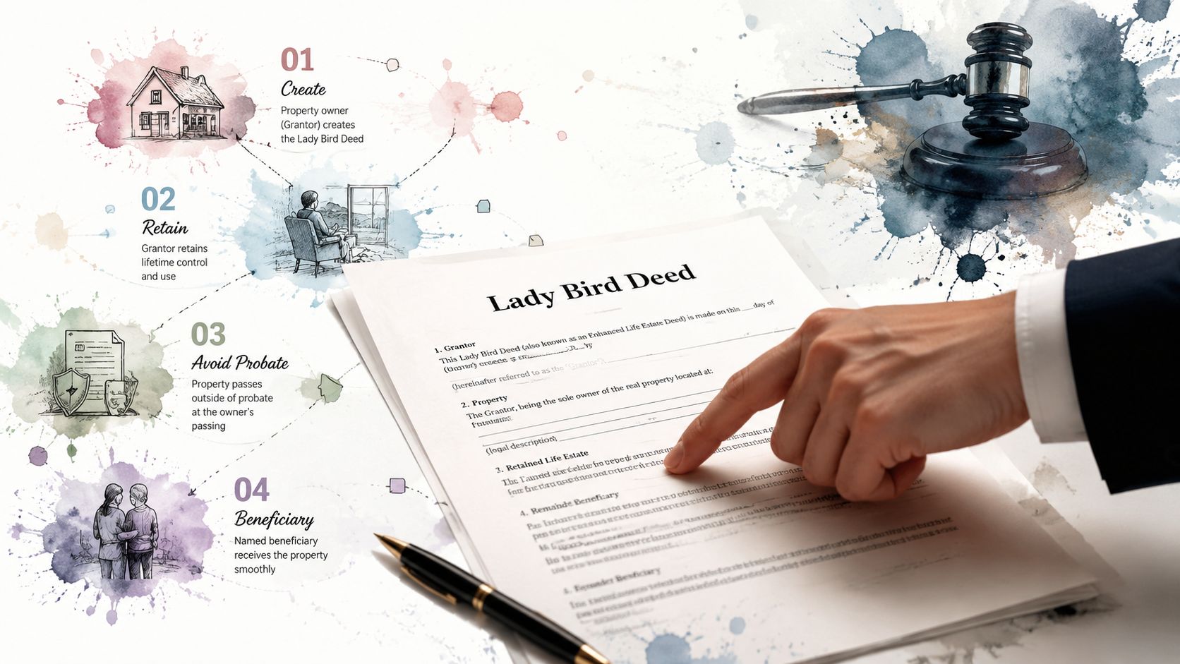 A professional hand pointing to a legal document titled Lady Bird Deed, with steps explained on the left.