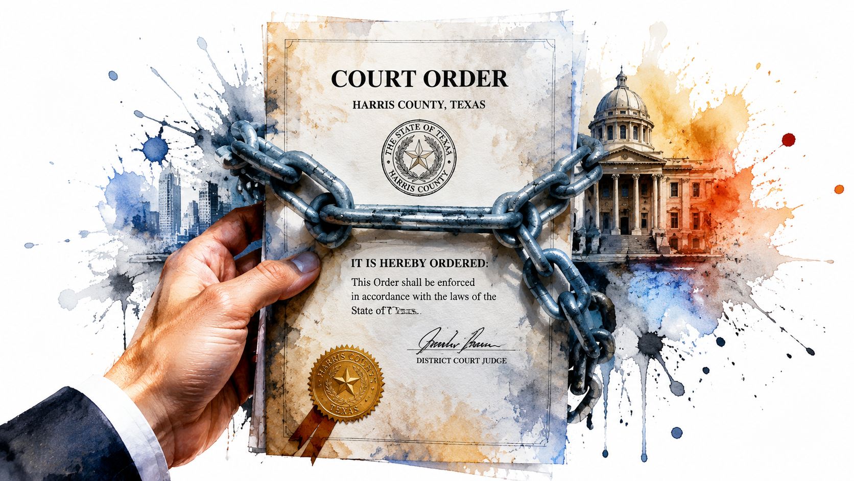 A hand holding a chained legal document titled court order in Harris County, Texas with watercolors.