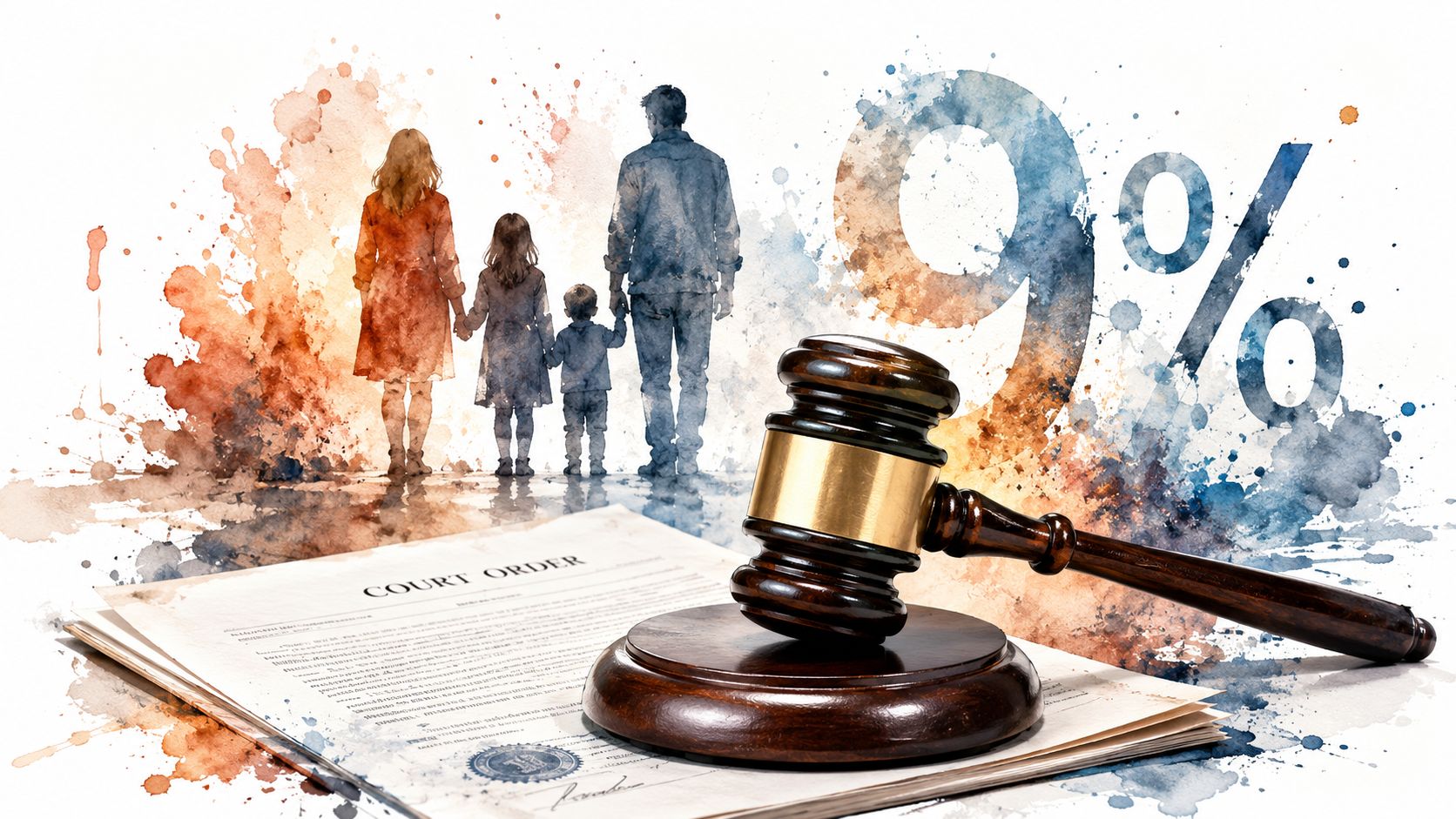 A watercolor-style illustration of a family standing behind a court order document with a wooden judge's gavel.