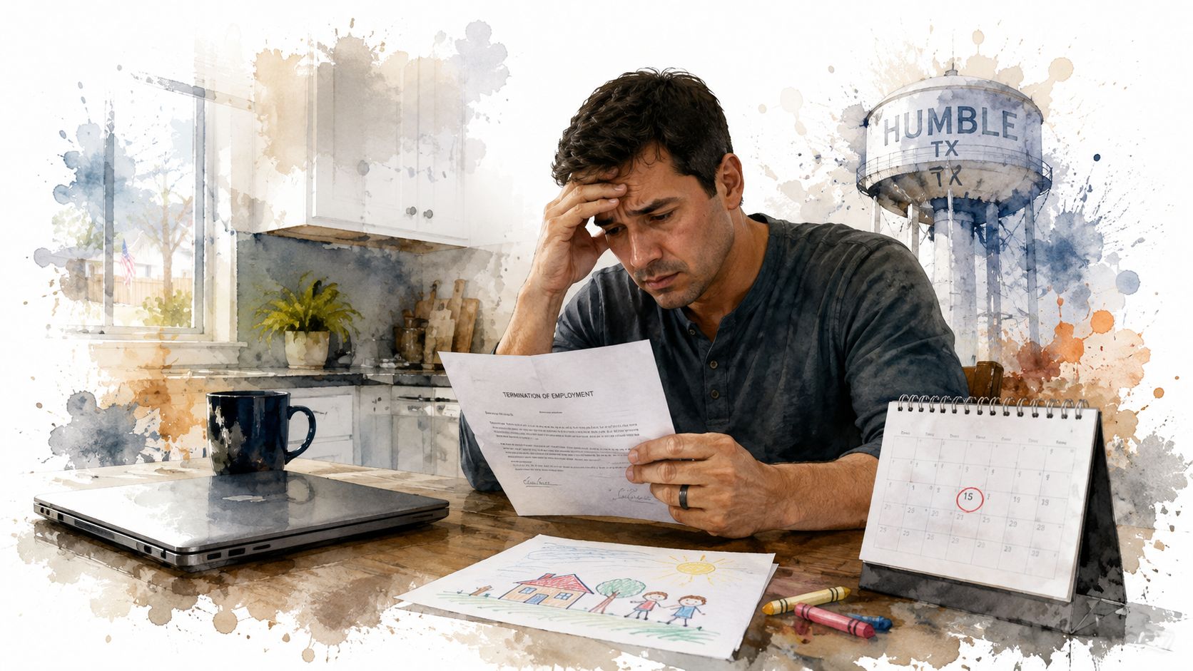 A distressed man sits at a kitchen table holding a termination of employment letter in Humble, Texas.