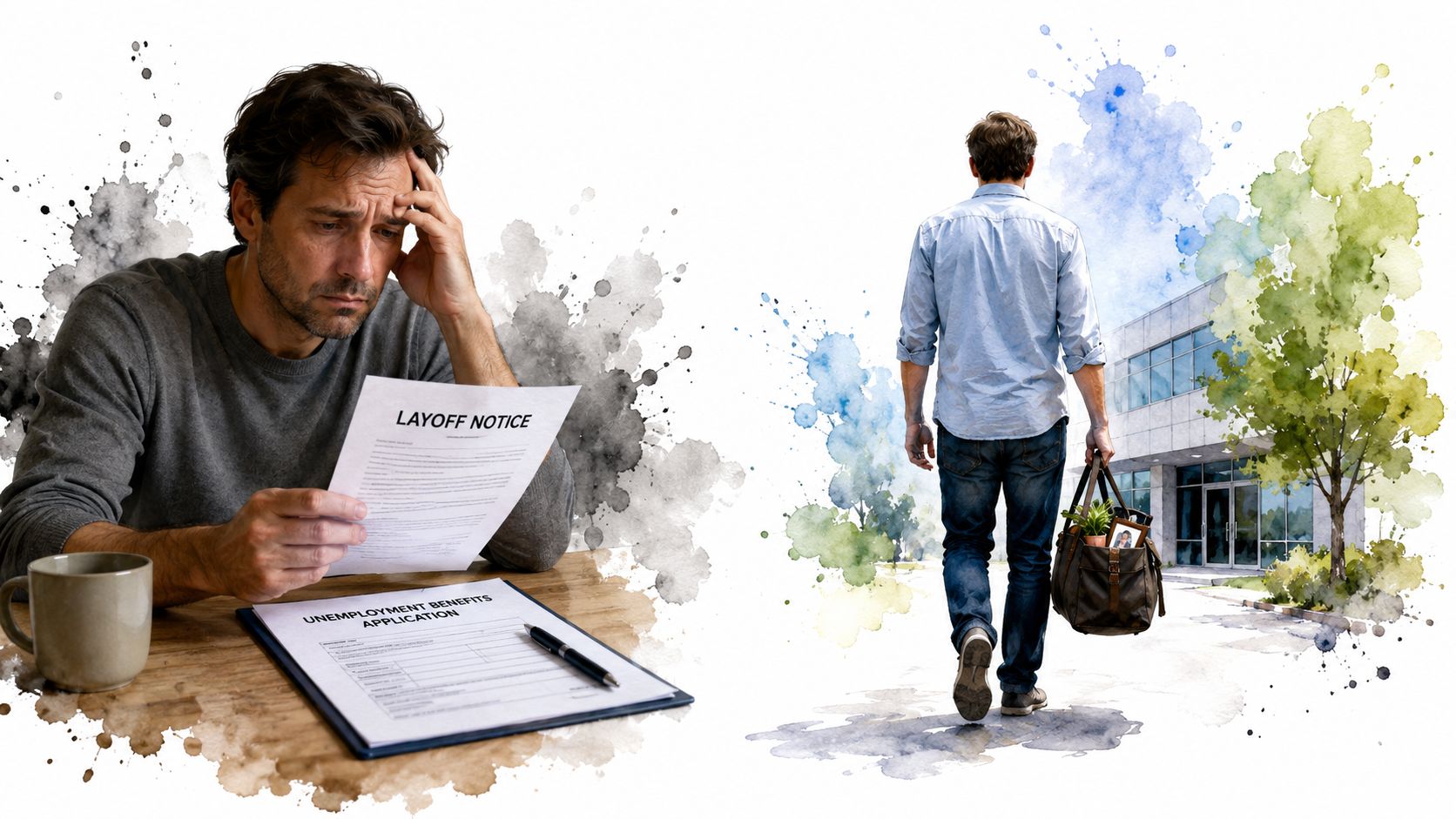 A distraught man looking at a layoff notice with an unemployment application form on his desk.