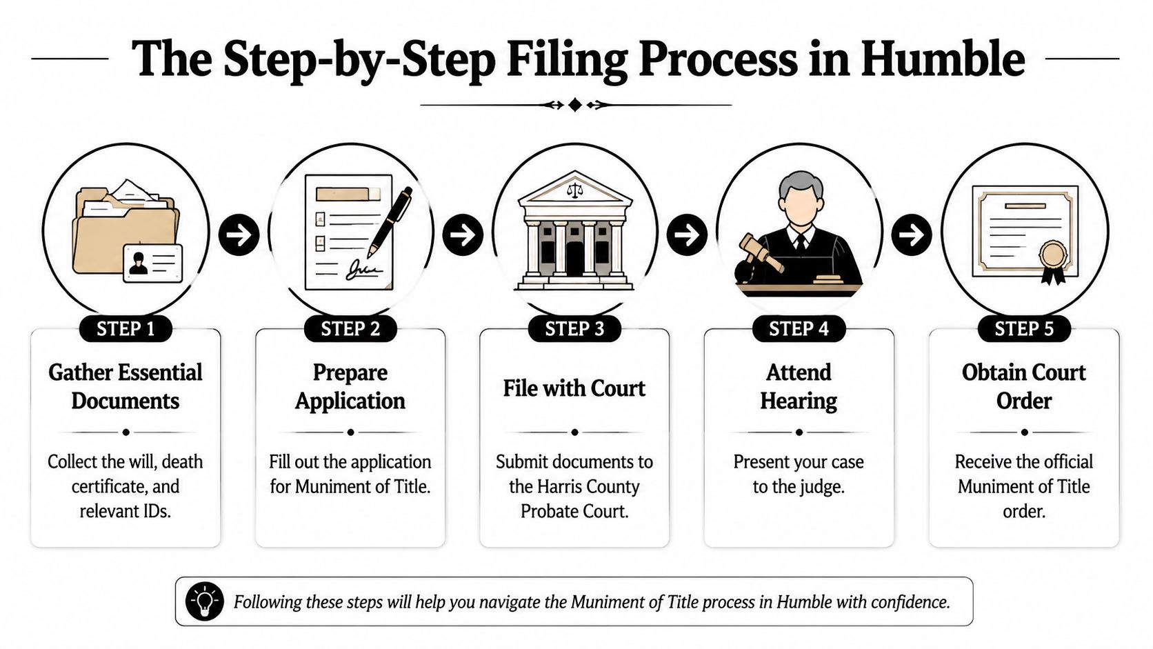 A five-step flowchart illustrating the Muniment of Title filing process in Humble, Texas, for legal documentation.
