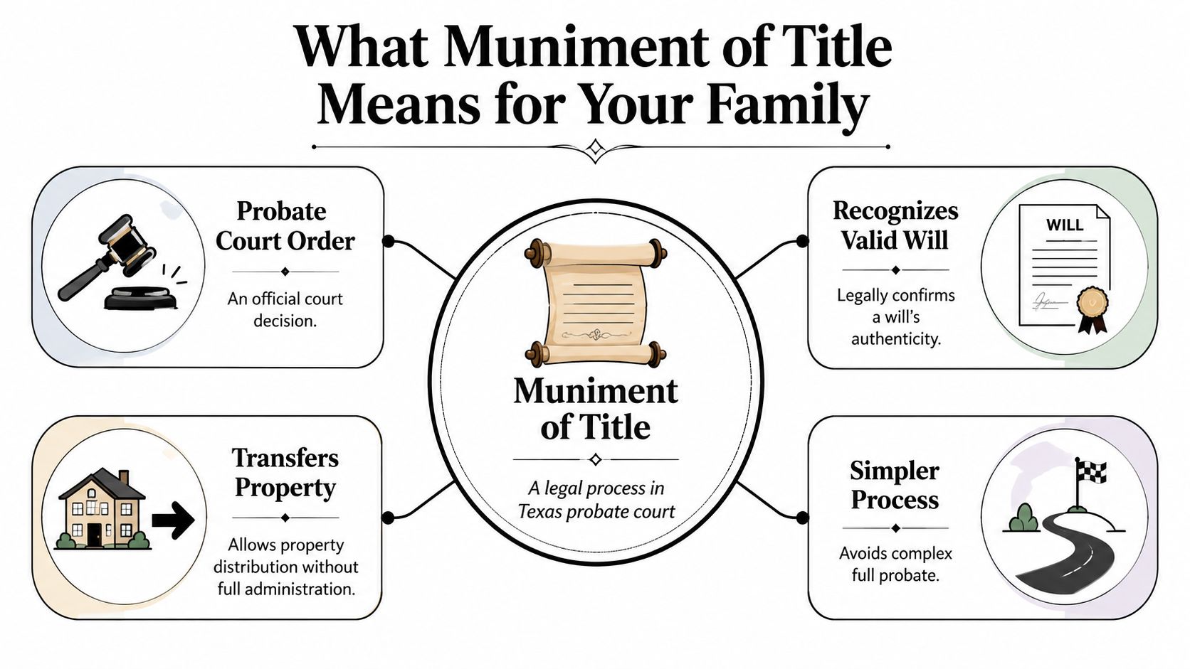 An infographic explaining how the Muniment of Title legal process works for Texas probate court estate distribution.