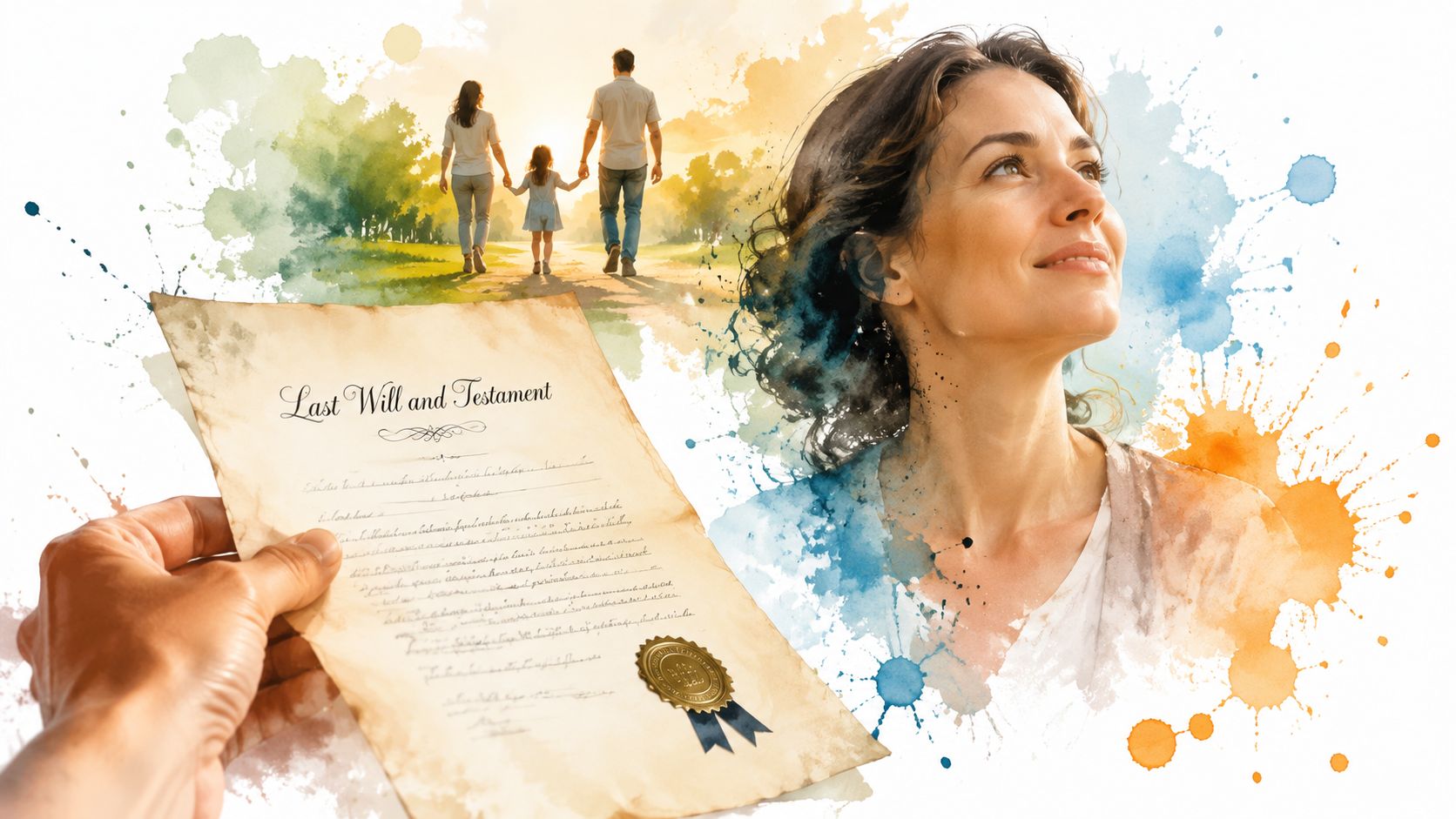 A hand holds a Last Will and Testament document with a family walking in the background.