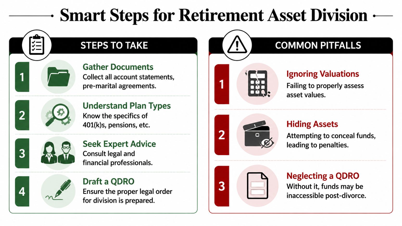 A helpful infographic outlining four steps and three common pitfalls for dividing retirement assets during divorce proceedings.