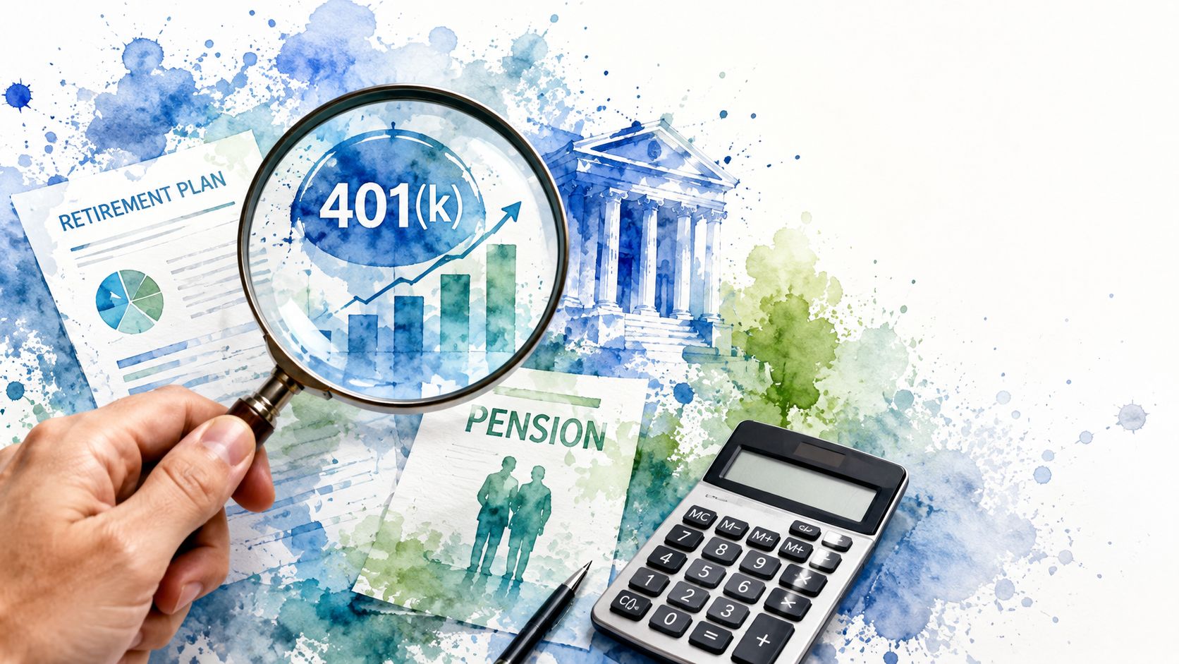 A hand holding a magnifying glass over a 401k retirement plan document with a calculator nearby.