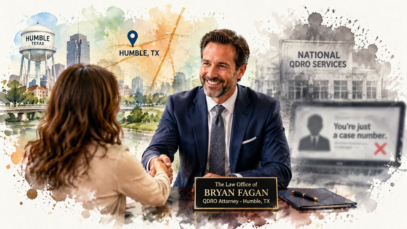 A QDRO attorney in Humble, Texas, meeting with a client and shaking hands during a professional consultation.