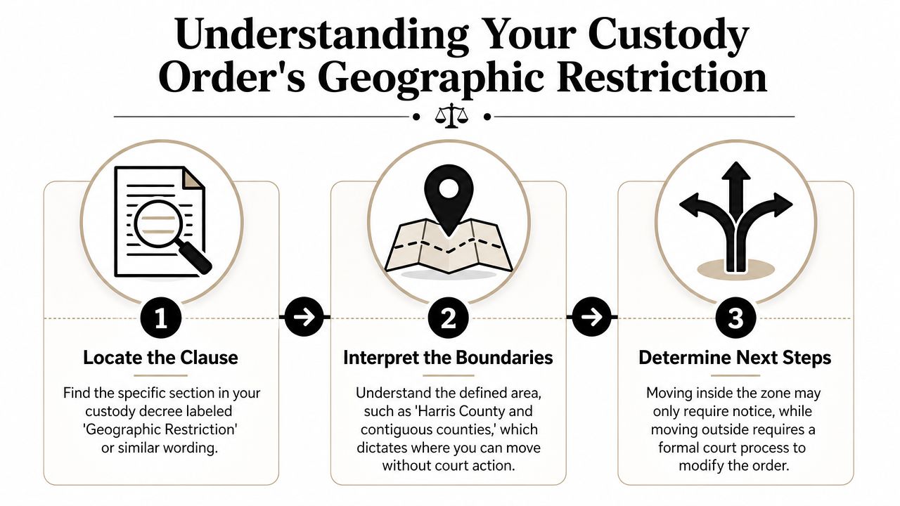 A three-step infographic explaining how to understand geographic restriction clauses in child custody court orders.