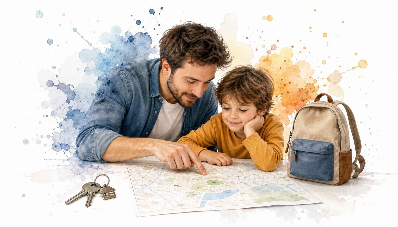 A father and son looking at a map together with a backpack and keys on a table.
