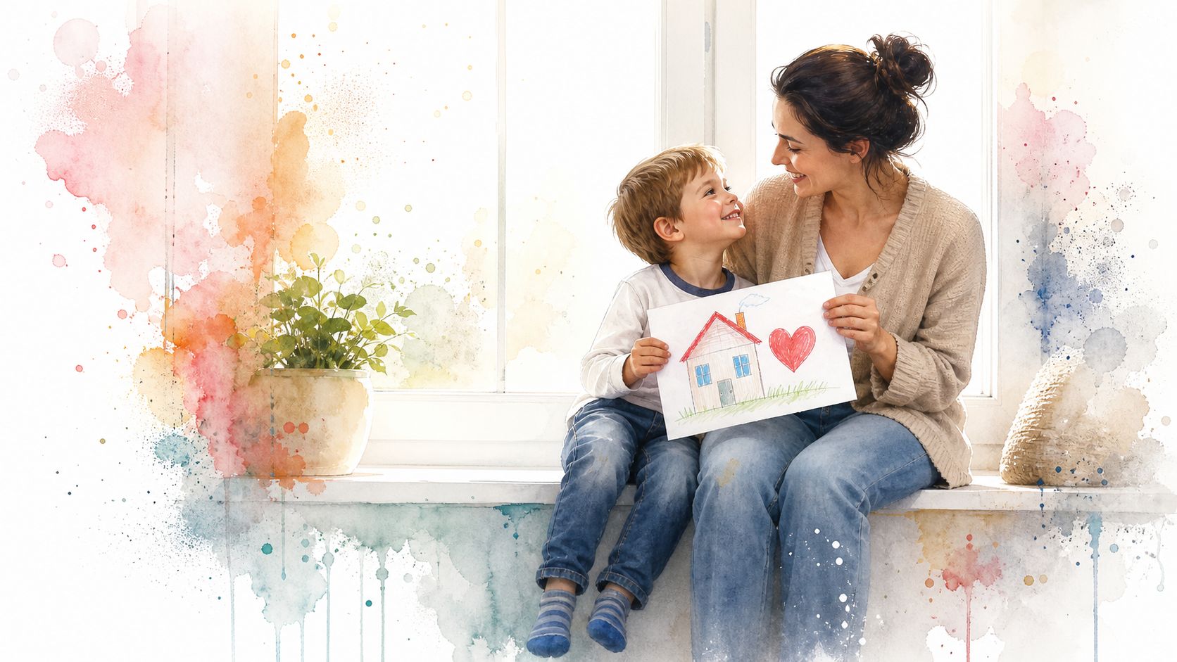 A happy mother and her young son sitting by a window holding a drawing of a house.