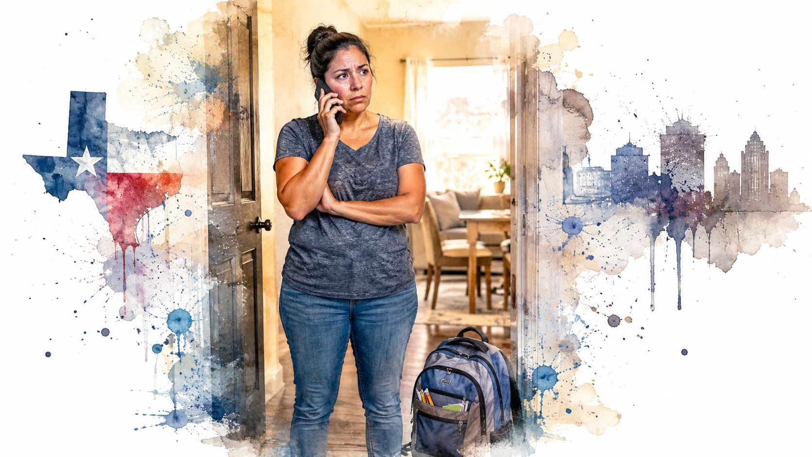 A concerned woman stands in a doorway holding a phone, with Texas and city imagery surrounding her.