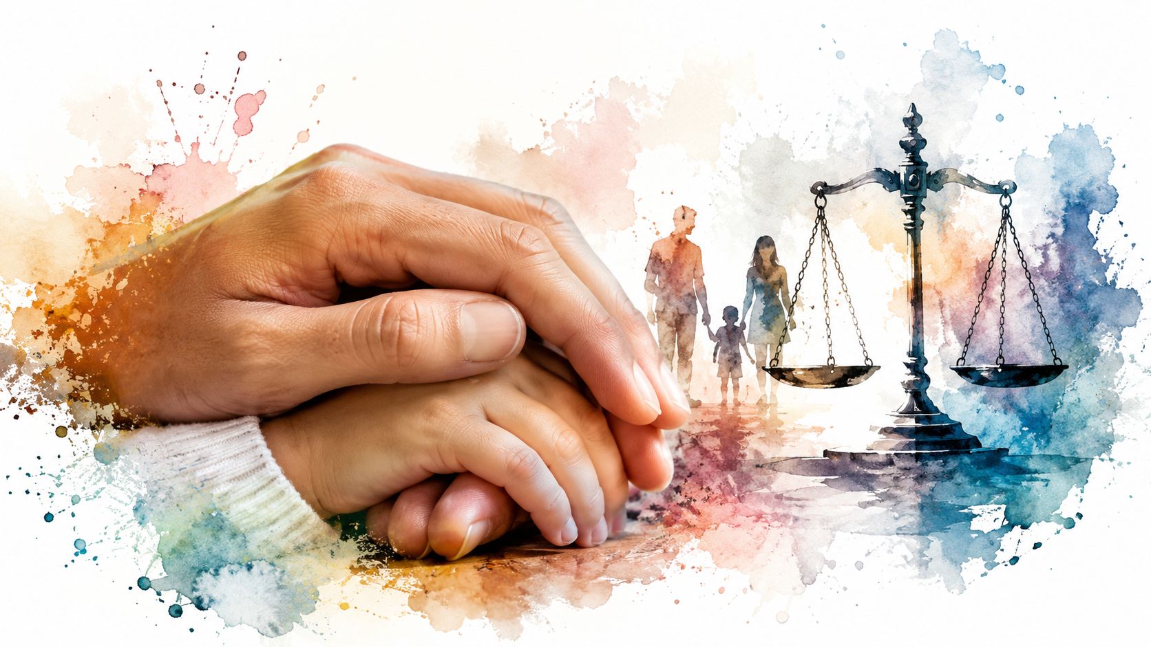 A conceptual image showing a hand holding a smaller one, a family silhouette, and justice scales.