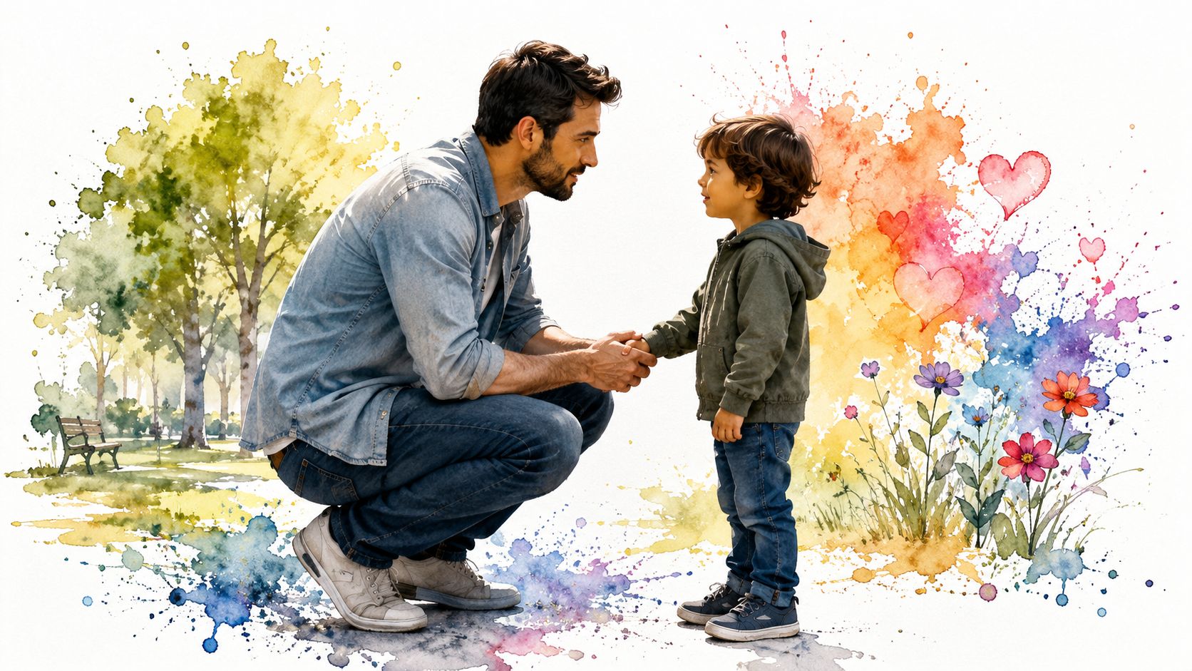 A father kneeling down to hold hands and lovingly talk with his young son in a park.