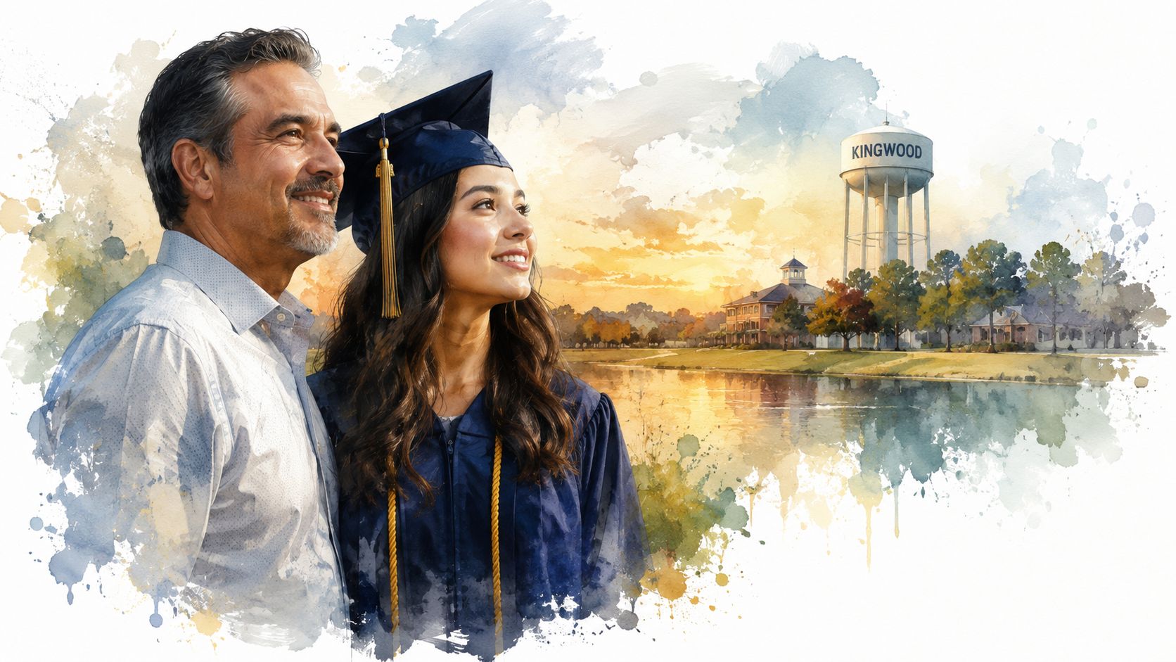 A proud father looking at his daughter wearing a graduation gown near a picturesque Kingwood water tower.