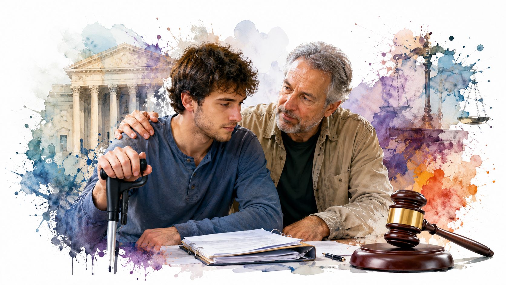 An older mentor comforts a young man with a cane, sitting at a desk with legal documents.