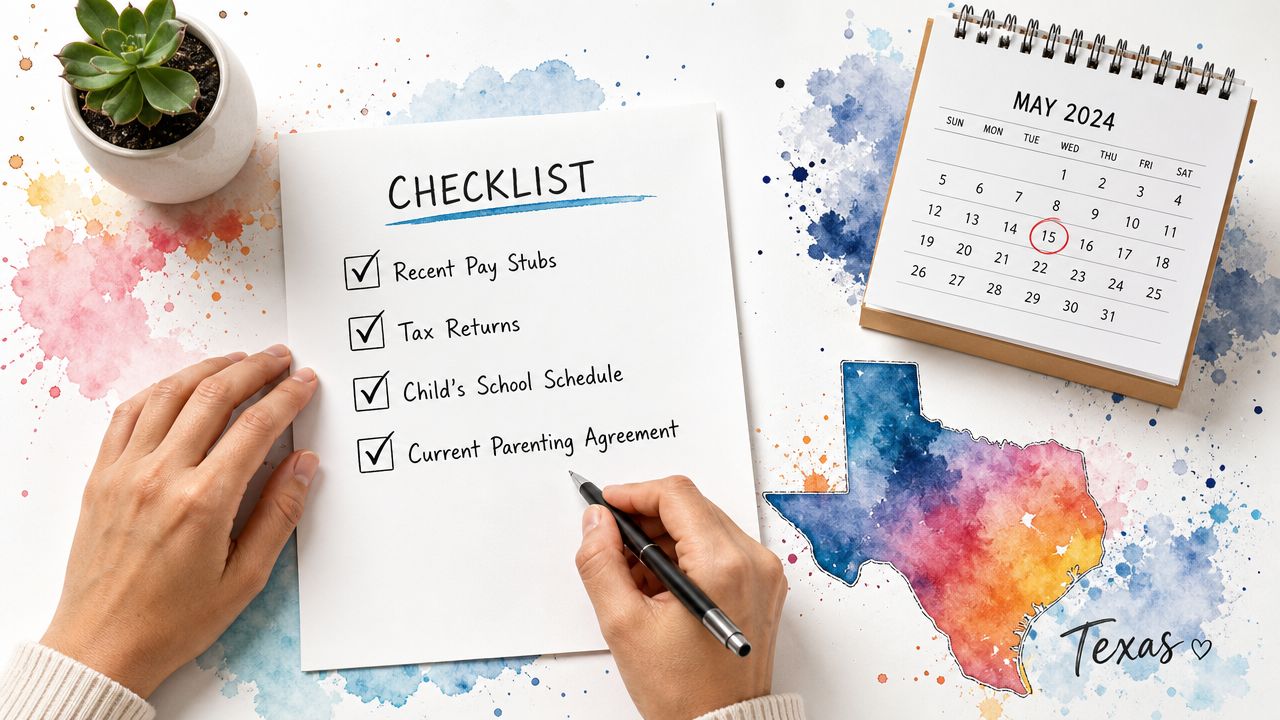 A person filling out a legal checklist next to a Texas map and a May 2024 calendar.
