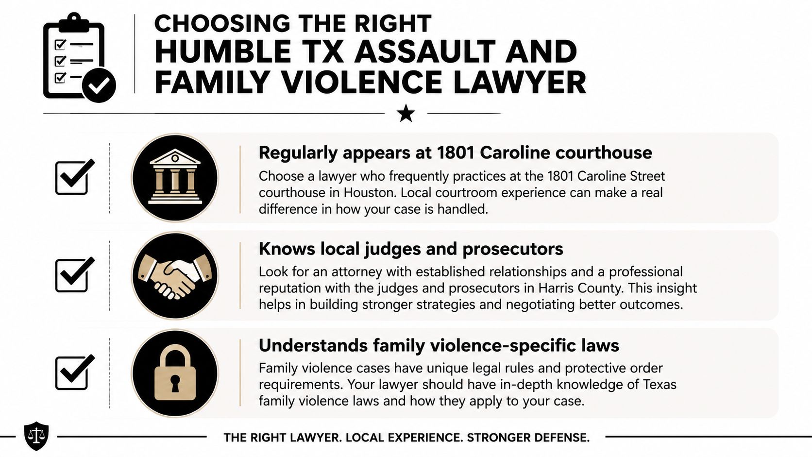 An infographic detailing essential criteria for choosing an assault and family violence lawyer in Humble, Texas.