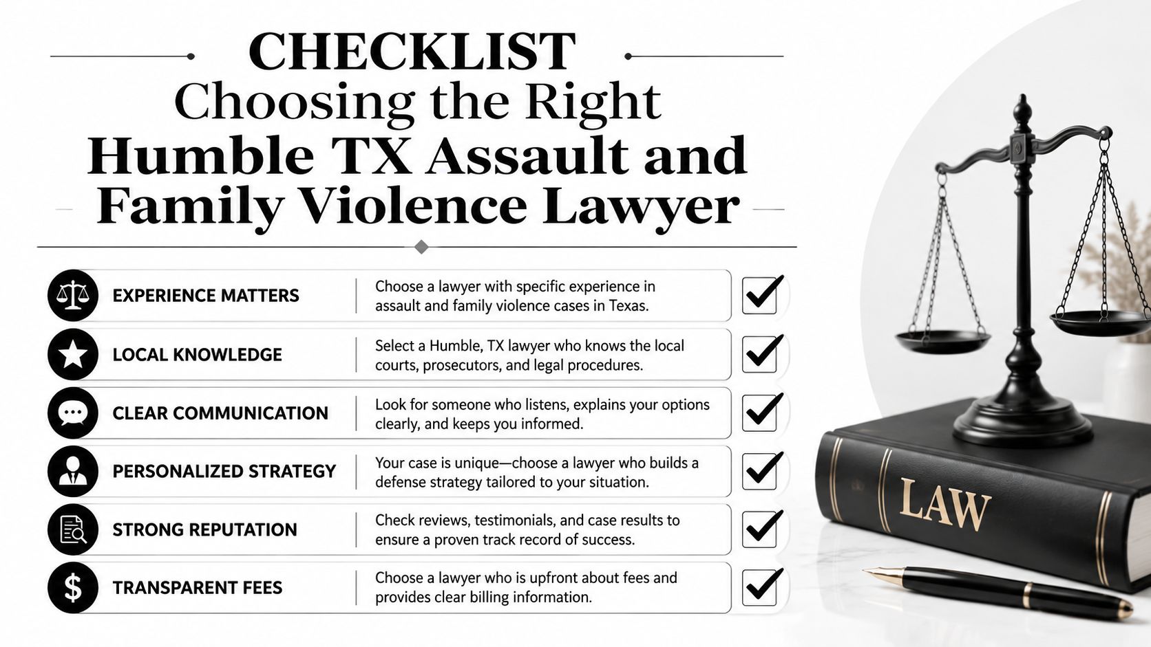 A checklist infographic titled choosing the right humble TX assault and family violence lawyer with legal advice.