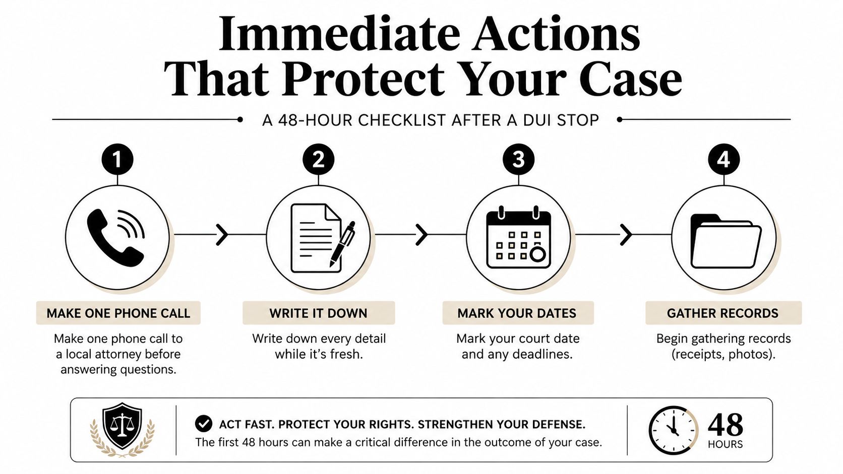 A four-step checklist for immediate actions to take within 48 hours following a DUI stop.