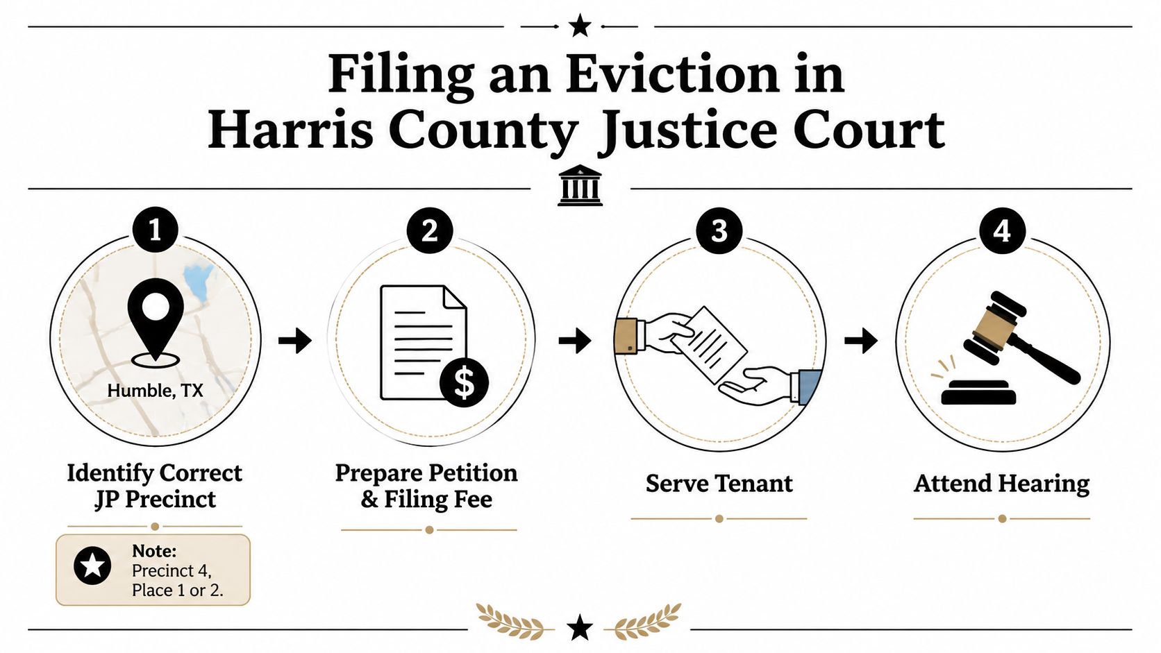 A four-step infographic illustrating the legal process for filing an eviction in Harris County Justice Court.