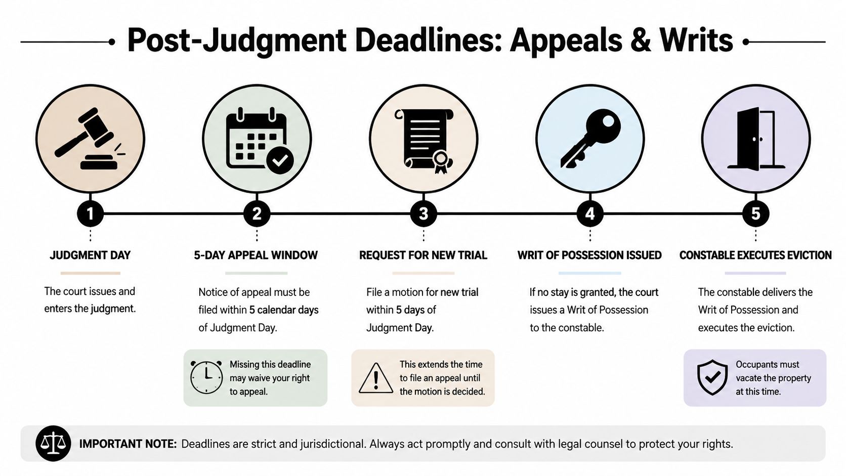 A flow chart explaining the post-judgment eviction process and legal deadlines for appeals and writs.