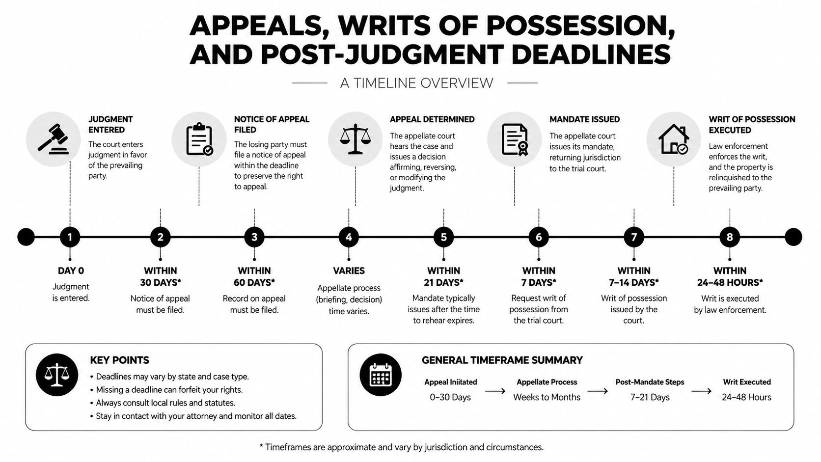 A timeline graphic outlining the legal steps and deadlines for the eviction appeal and writ of possession process.
