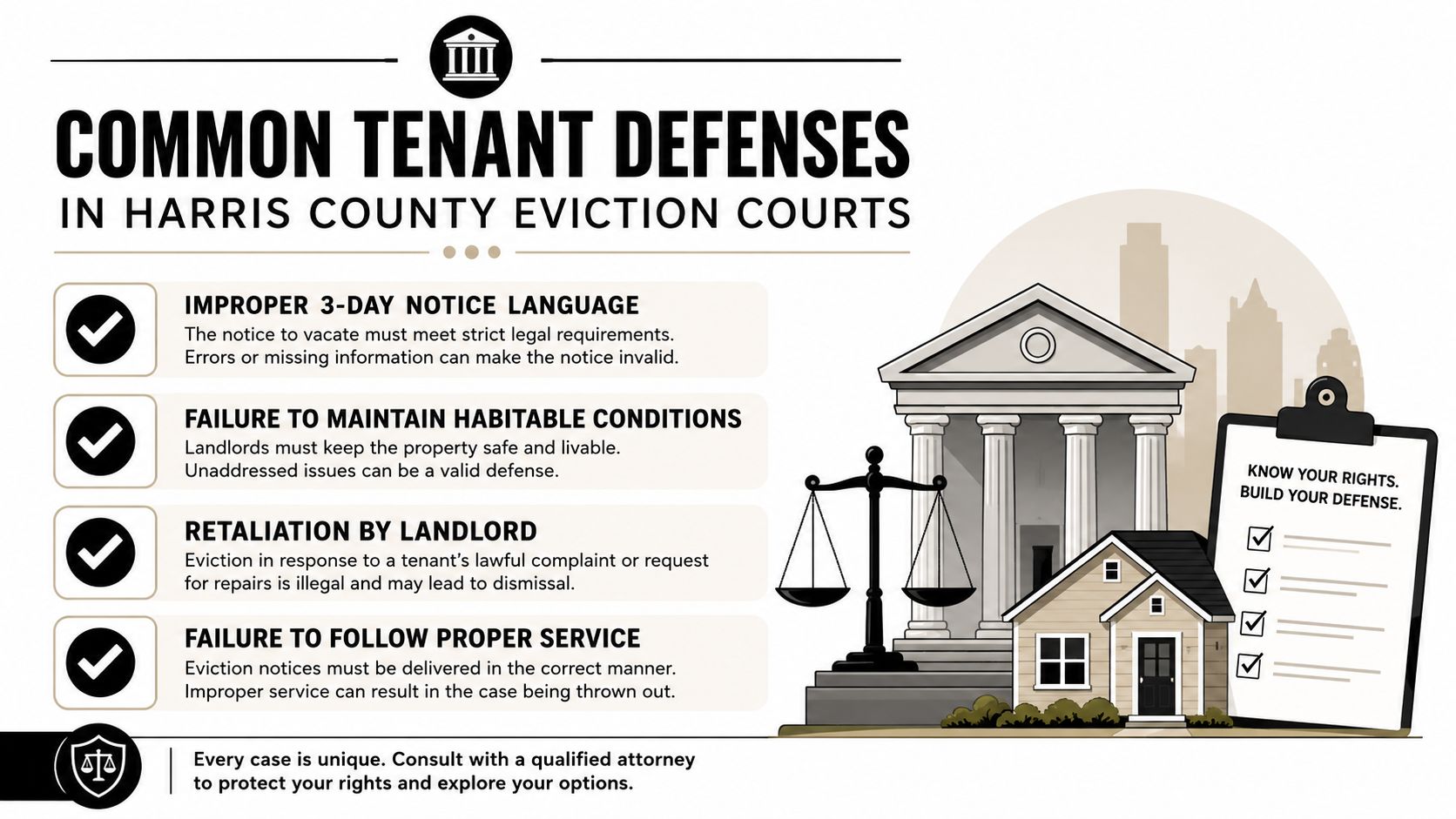 An infographic detailing common legal defenses for tenants facing eviction in Harris County, Texas courts.