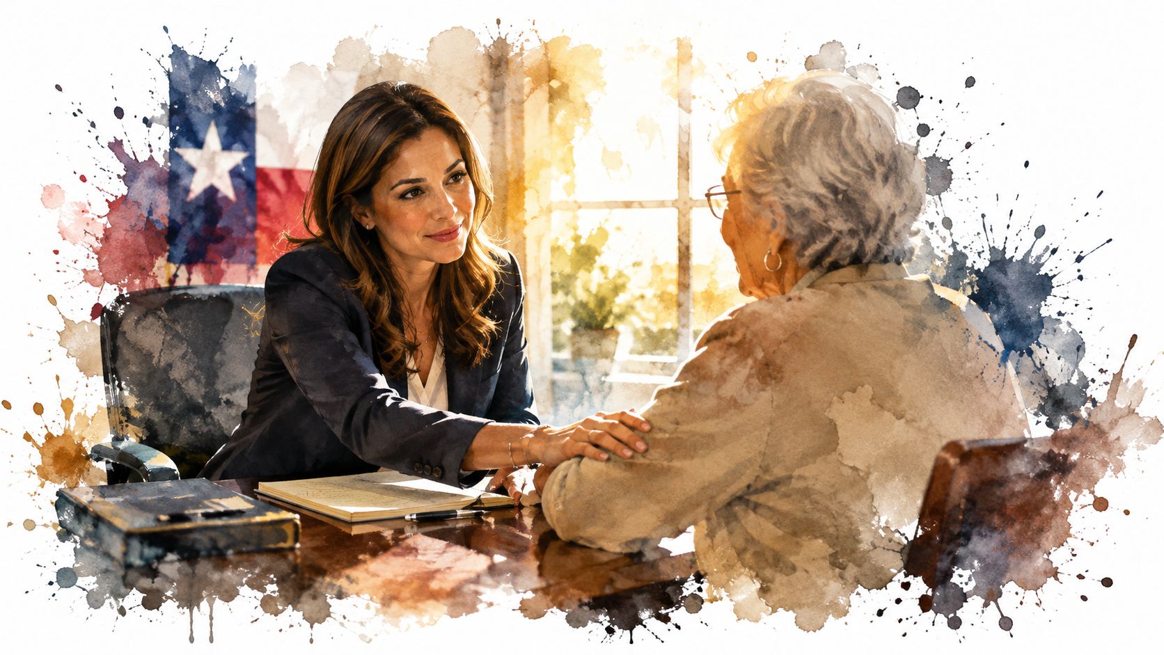 A professional woman comforts an elderly woman during a supportive legal consultation in a Texas office.