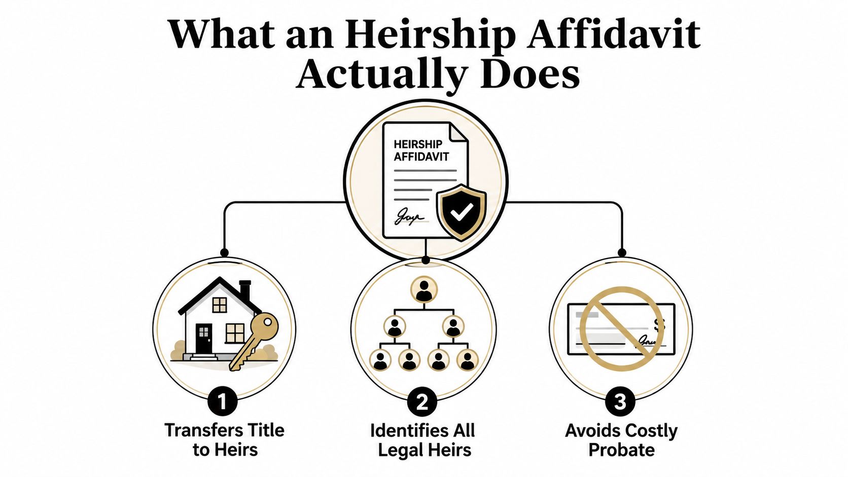 A diagram illustrating how an heirship affidavit transfers title, identifies legal heirs, and avoids costly probate proceedings.