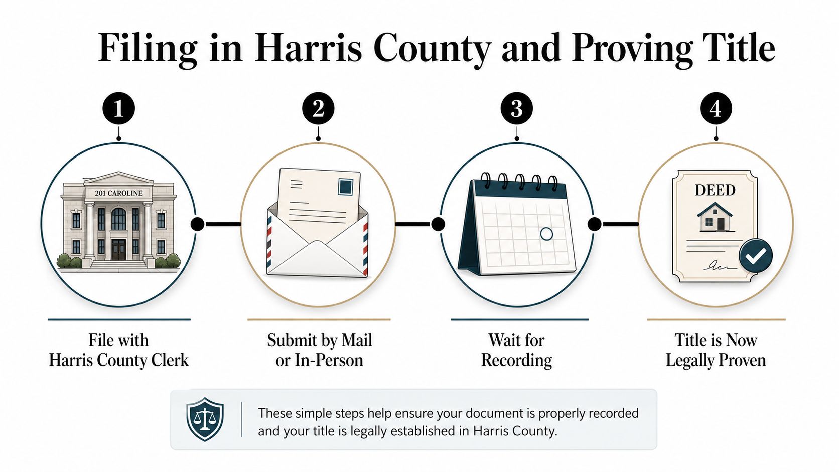 A step-by-step infographic illustrating the process of recording documents to legally prove property title in Harris County.