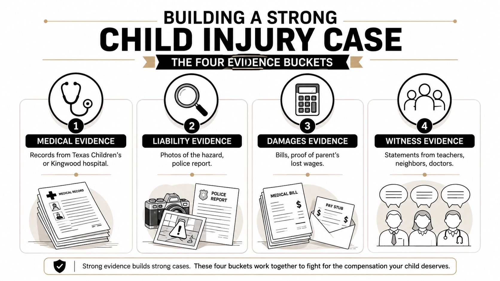 An infographic detailing the four essential evidence types needed to build a strong child injury legal case.