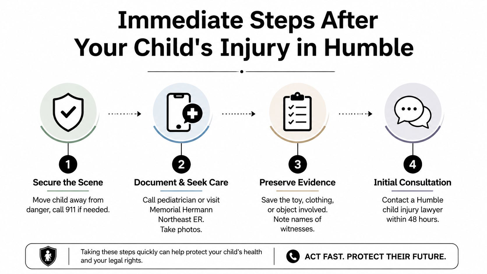 An infographic showing four steps to take immediately following a child's injury in Humble, Texas.