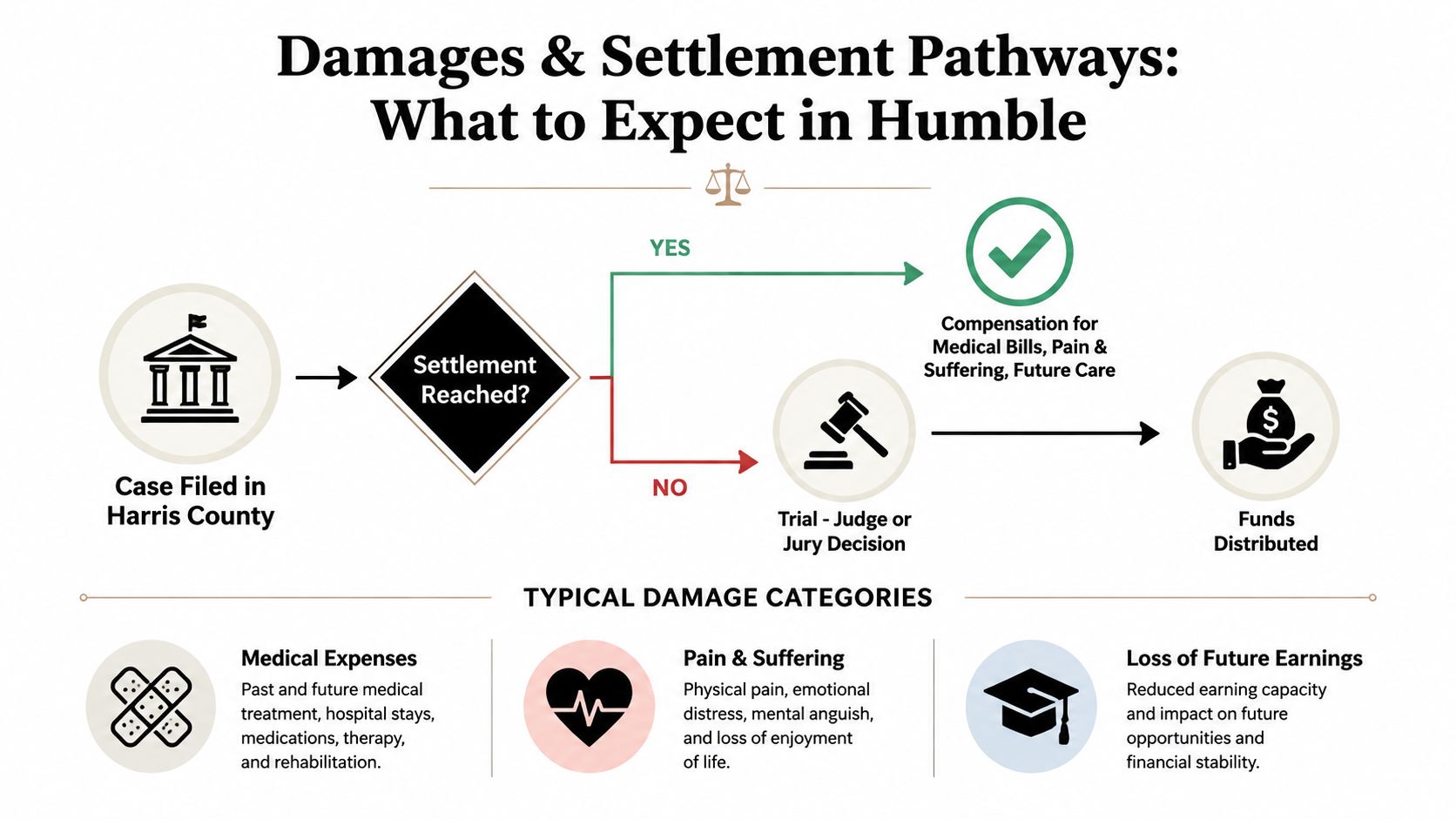A flowchart showing legal case stages for injury claims including settlement and trial paths in Humble.