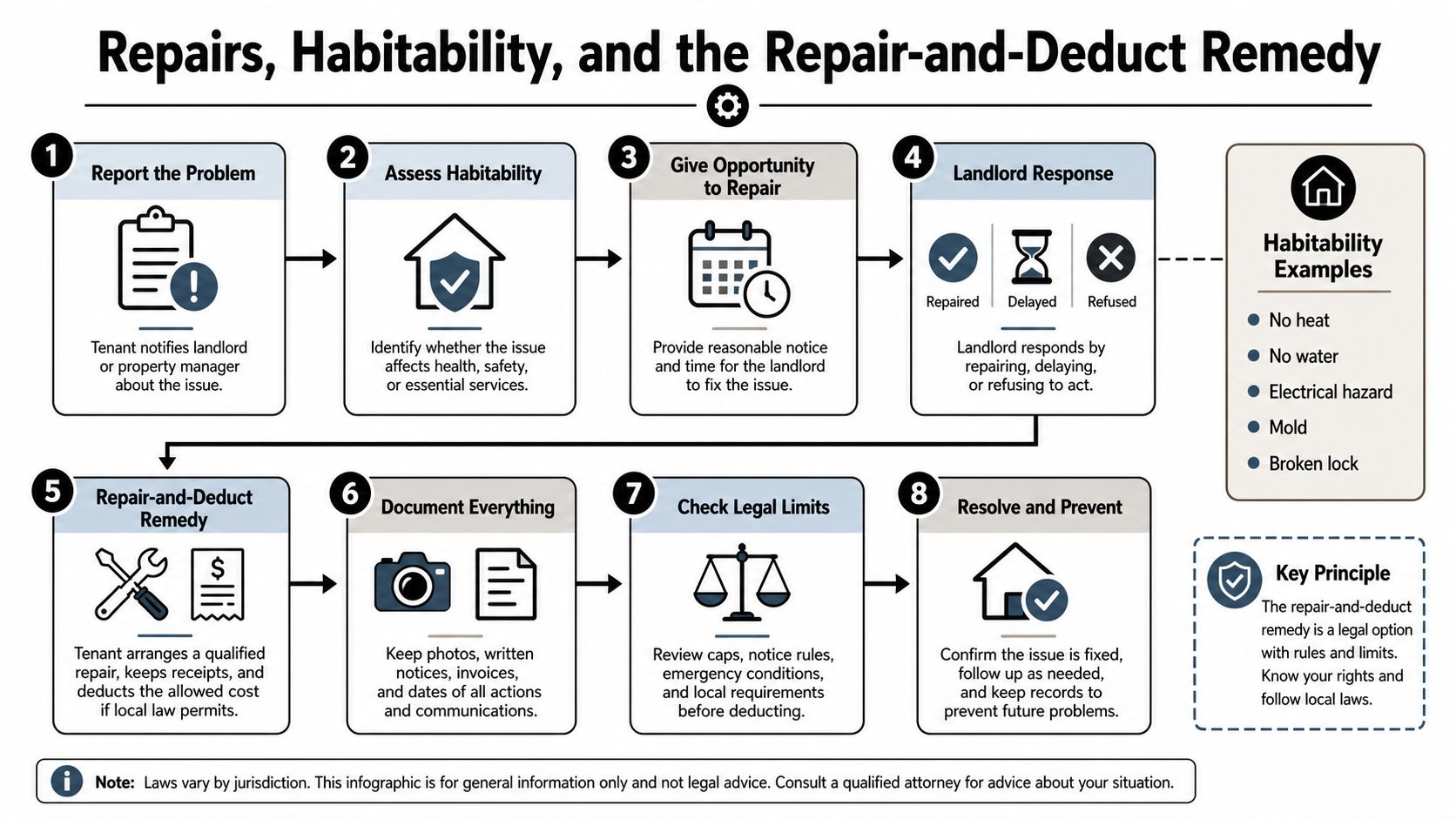 An infographic showing the step-by-step repair-and-deduct remedy process for tenants dealing with landlord maintenance issues.