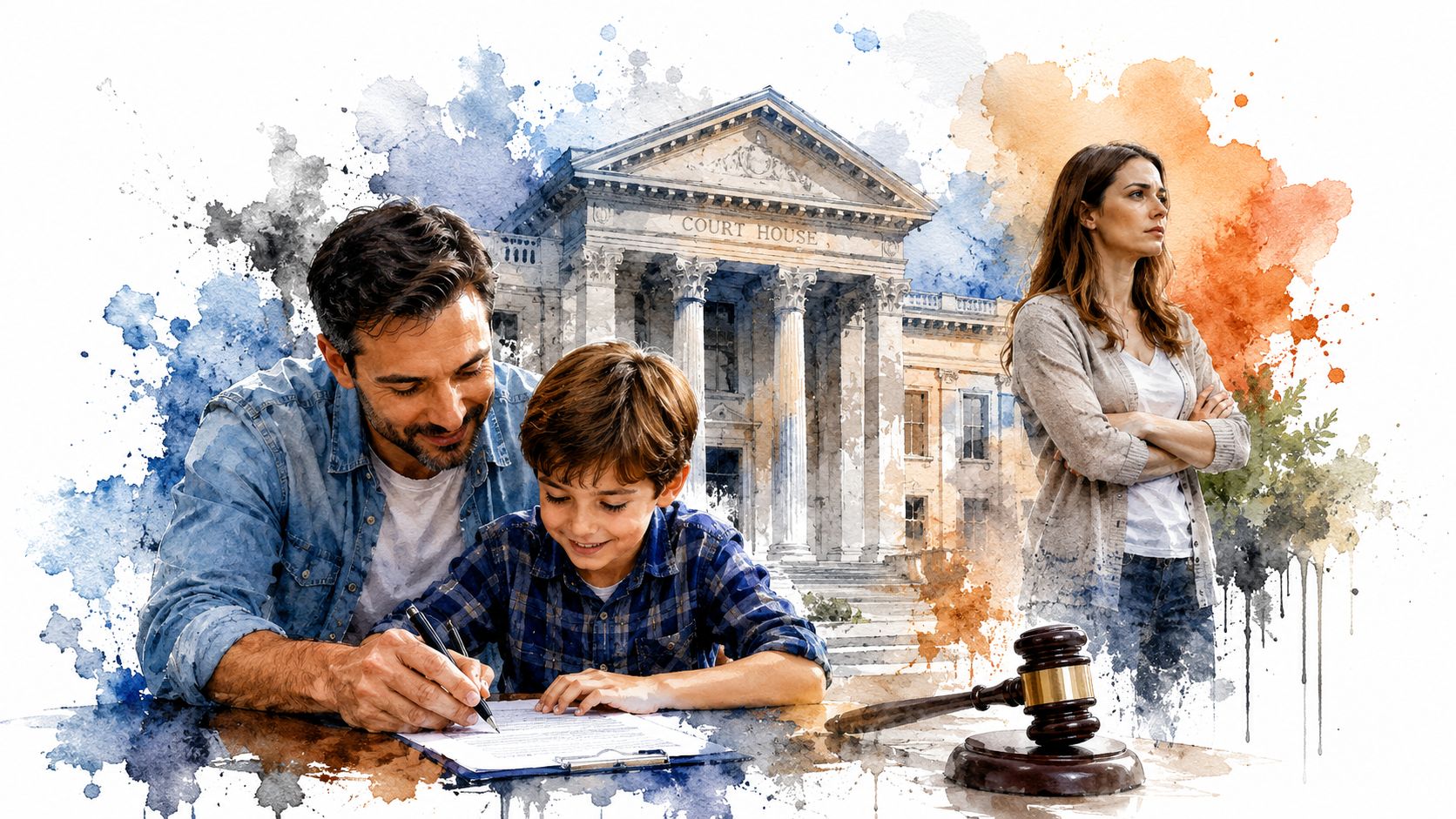 A father and son signing documents near a courthouse while a woman stands looking distressed nearby.