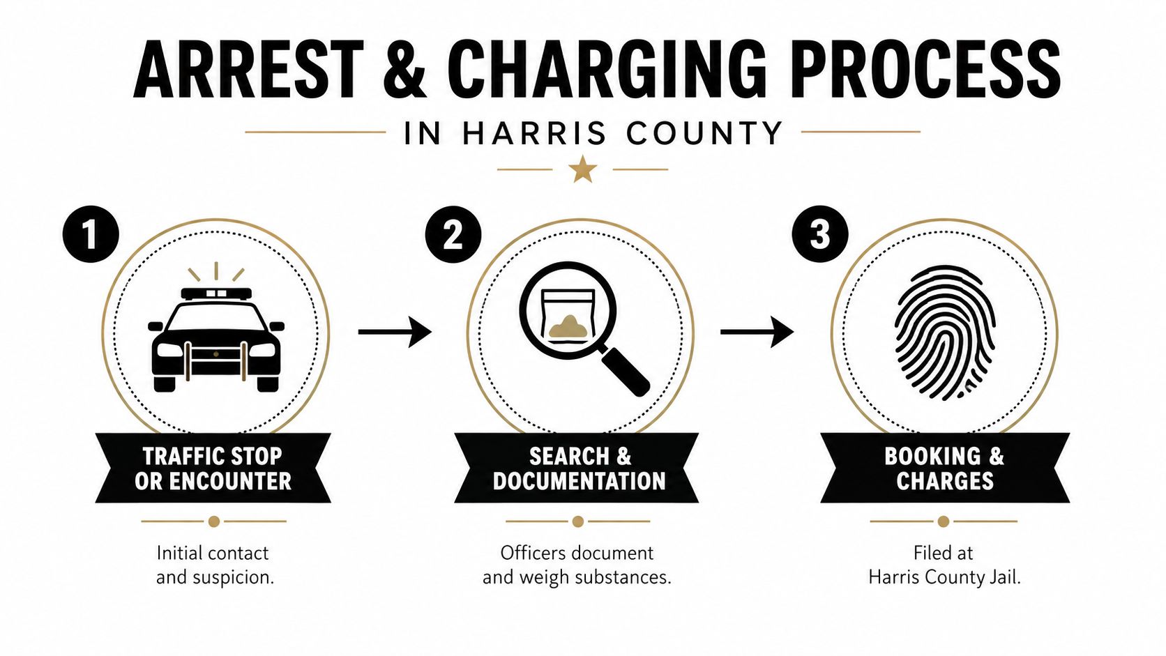 An infographic detailing the arrest and charging process in Harris County for possession of a controlled substance.