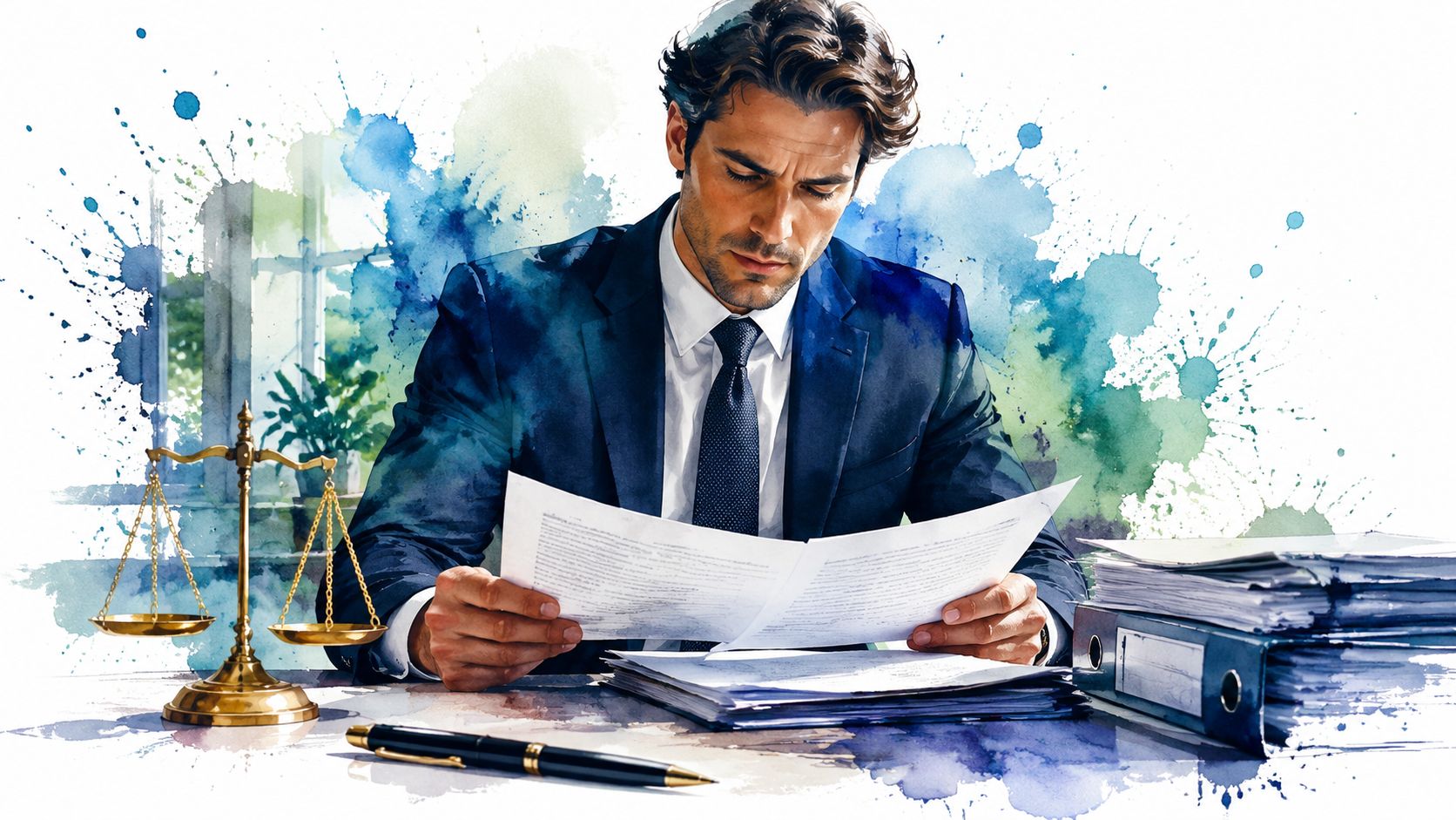 A professional attorney in a suit reviewing legal documents at his desk with scales of justice nearby.
