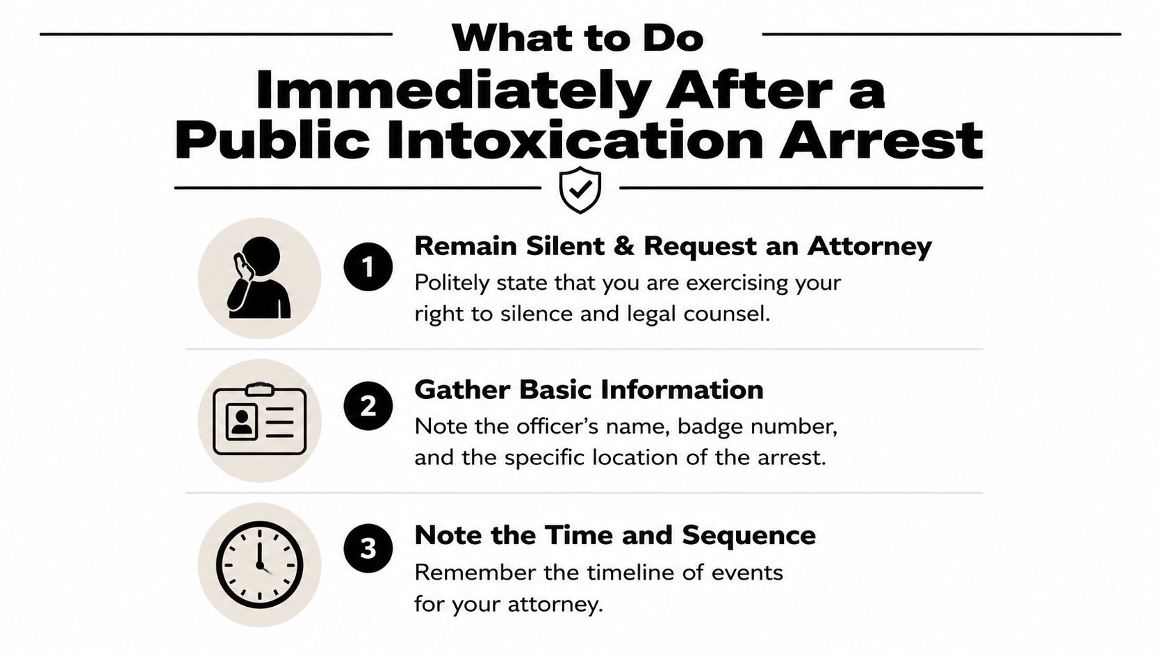 An infographic titled What to Do Immediately After a Public Intoxication Arrest with three numbered action steps.