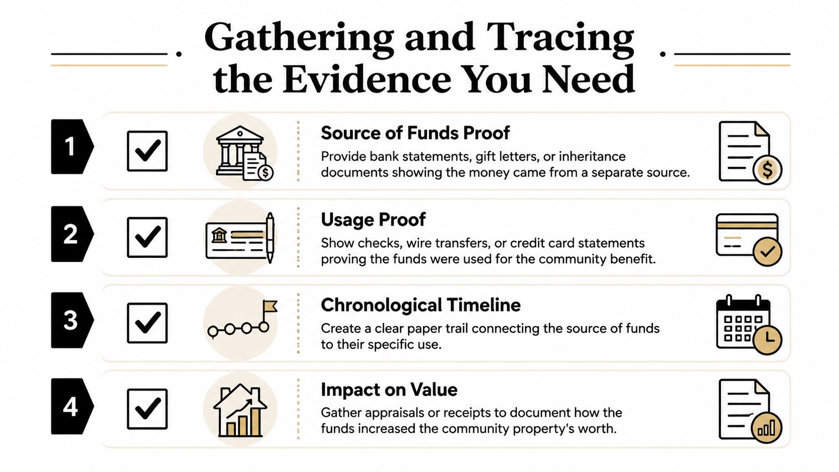 An infographic titled Gathering and Tracing the Evidence You Need, featuring four steps for financial documentation.
